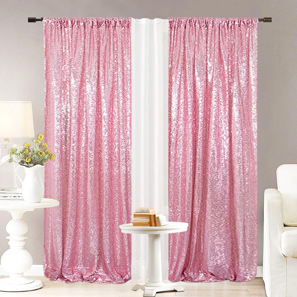 Eternal Beauty Fuchsia Pink Sequin Backdrop Curtains, Shimmer Back Drop 4Panels-2FTx8FT for Christmas, Party, Birthday, Photography, Wedding, Baby Shower Event Decoration