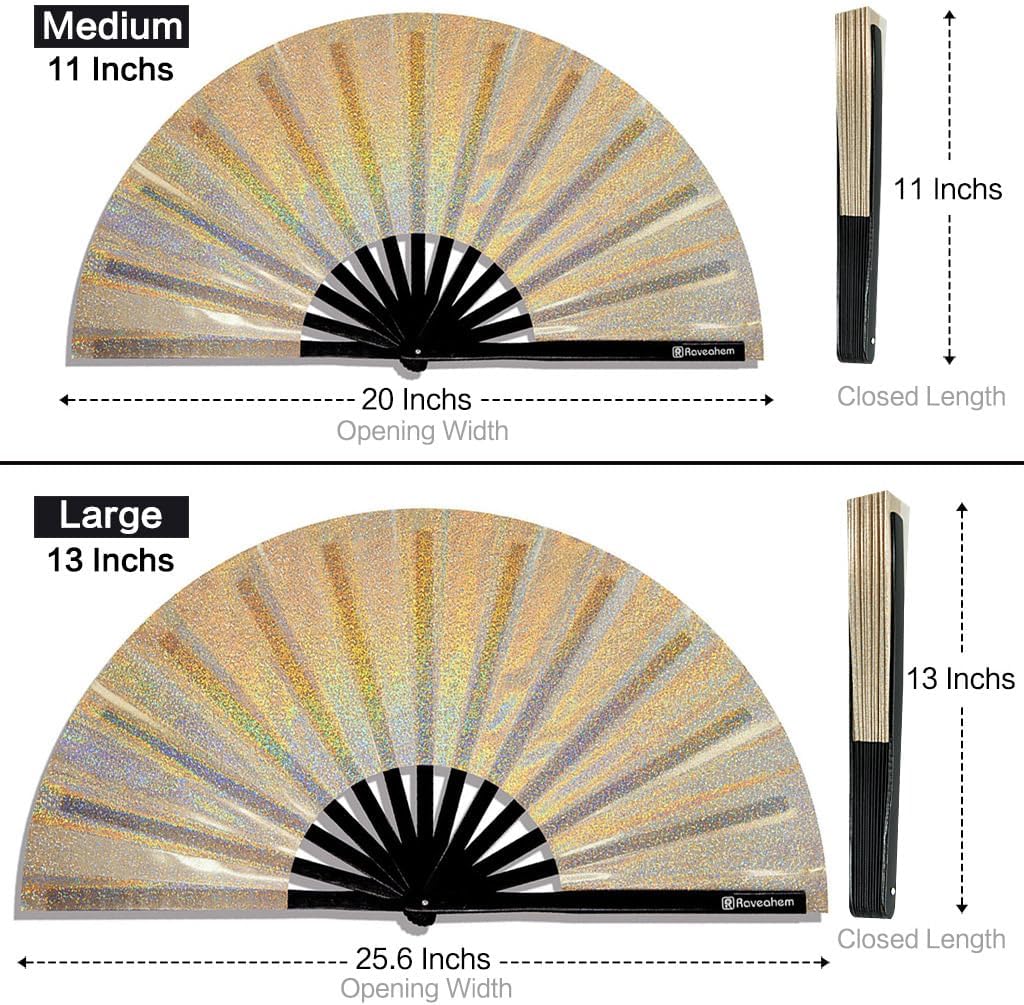 Large Rave Fan, Clack Folding Hand Fan with Premium Fabric, Thick Bamboo Frame for Men Women Gift for EDM, Festival, Club, Party, Dance, Decoration (Lridescent Beige, 13")