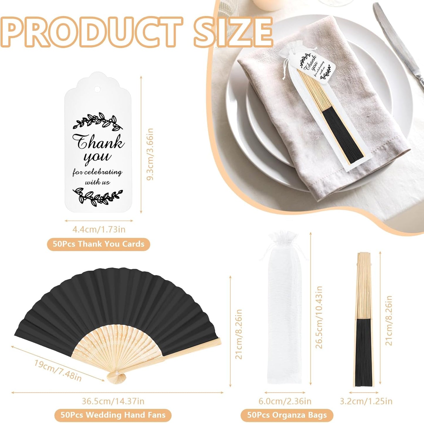 50Set Wedding Hand Fans Party Favors Black Paper Folding Handheld Fans Bulk, DIY Bamboo Fans with Thank Tag Organza Bag for Summer Guests Bridal Dancing Props Church Decoation