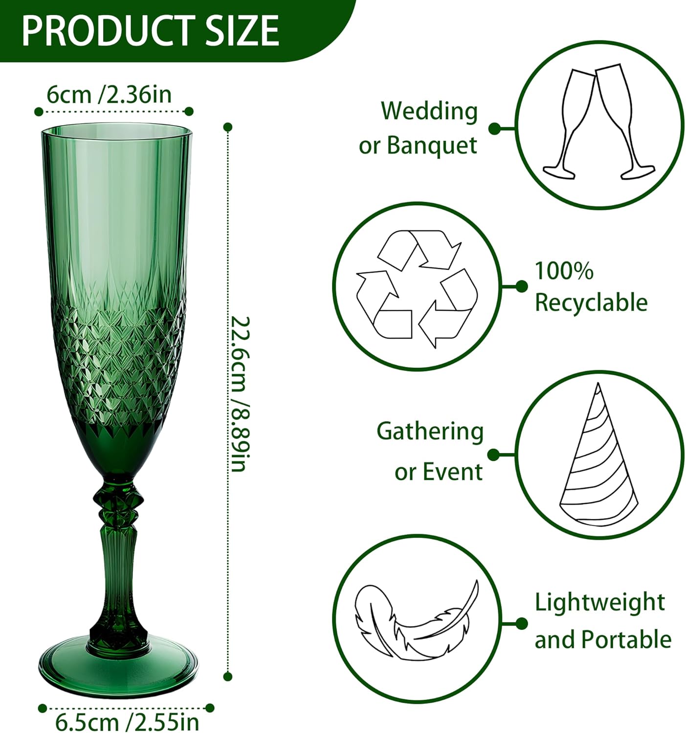 Plastic Champagne Flutes, 48PCS Dark Green Wine Glasses Goblets Cups Reusable Flute, for Christmas Weddings Bachelor Parties Toasting and Events(48, Dark Green)