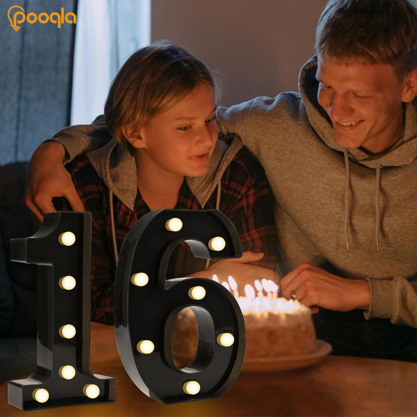 Pooqla Decorative Led Light Up Number Letters, Black Plastic Marquee Number Lights Sign for 16th Birthday Party Wedding Decor Battery Operated Black Decoration 16