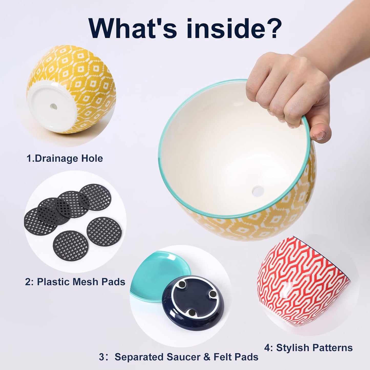 Selamica Ceramic Plant Pots, 5.6 Inch Flower Pots for Indoor Plants, Planters with Drainage Hole and Saucer, Garden Pots for Succulent, Orchid, Home Decor, Set of 4, Assorted Colors