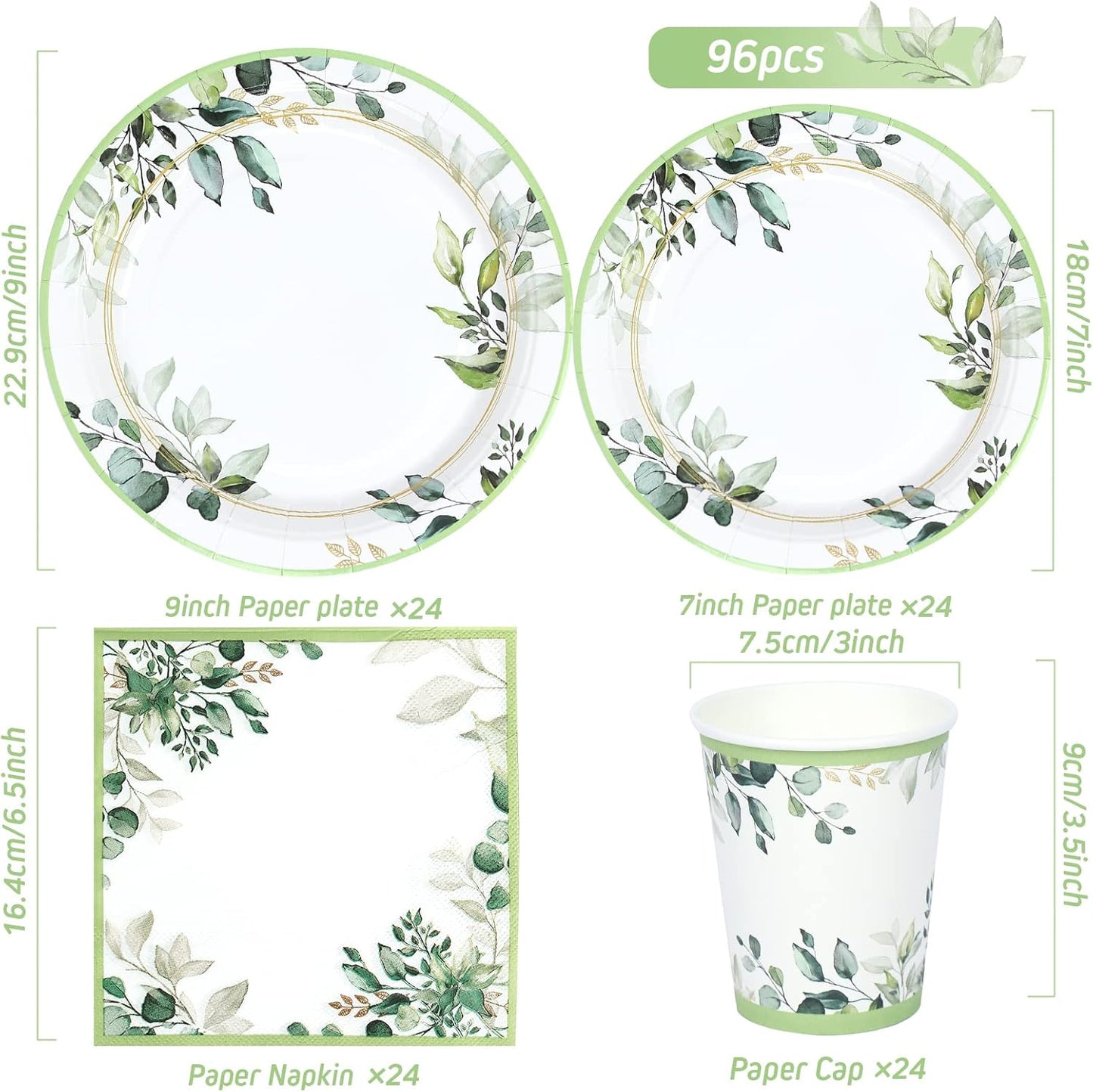 Green Party Plates Supplies, Sage Green Paper Eucalyptus Leaf Plates and Napkins, Disposable Tableware, Cups, Napkins for Jungle Boho Party,Baby Shower, Bridal Shower, Birthday Supplies Serve 24