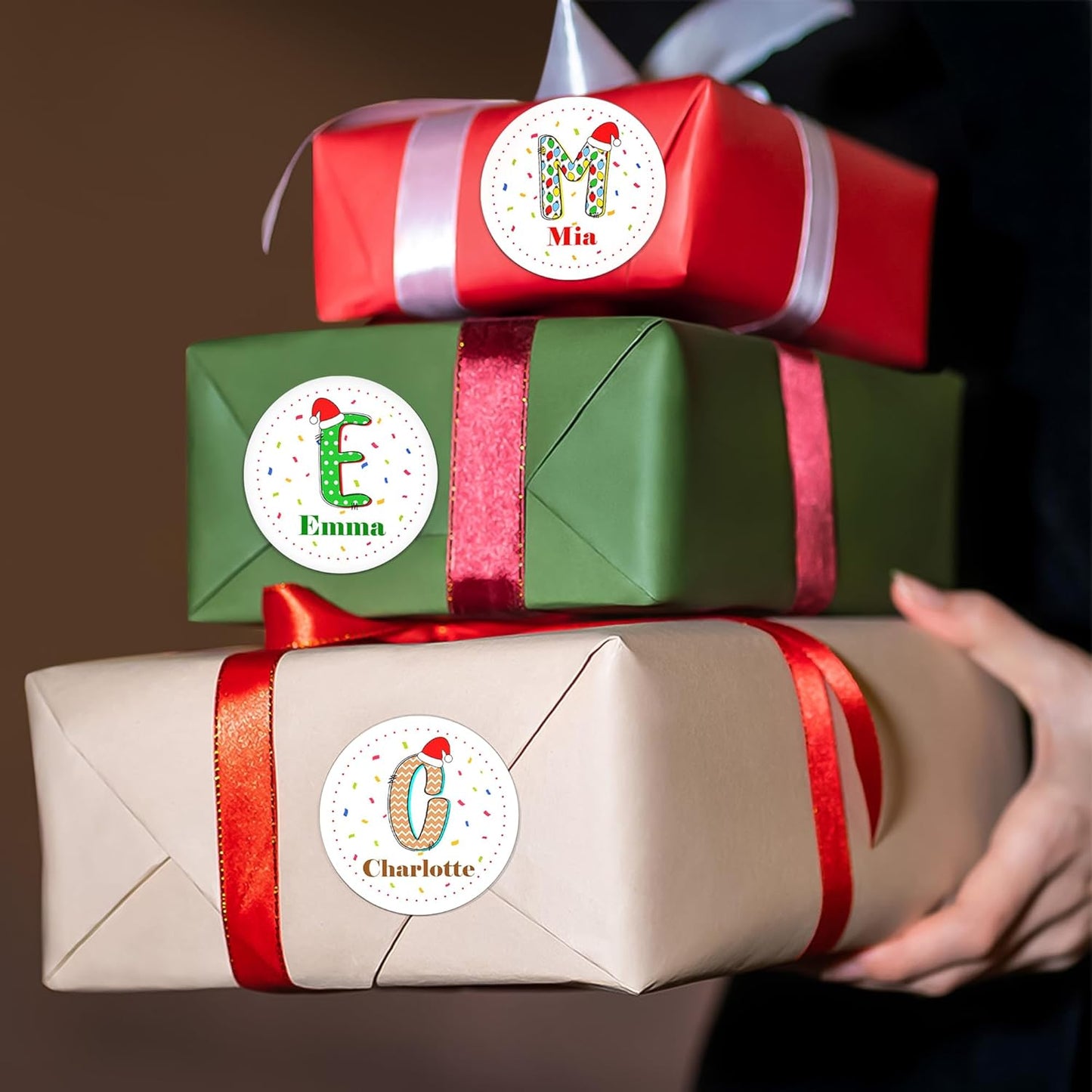 callie moment Personalized Christmas Stickers, Custom Name Waterproof Christmas Gift Tags for Gift Box Holiday Decorations, Stockings, Party Favors (Santa Hat Initial 2)