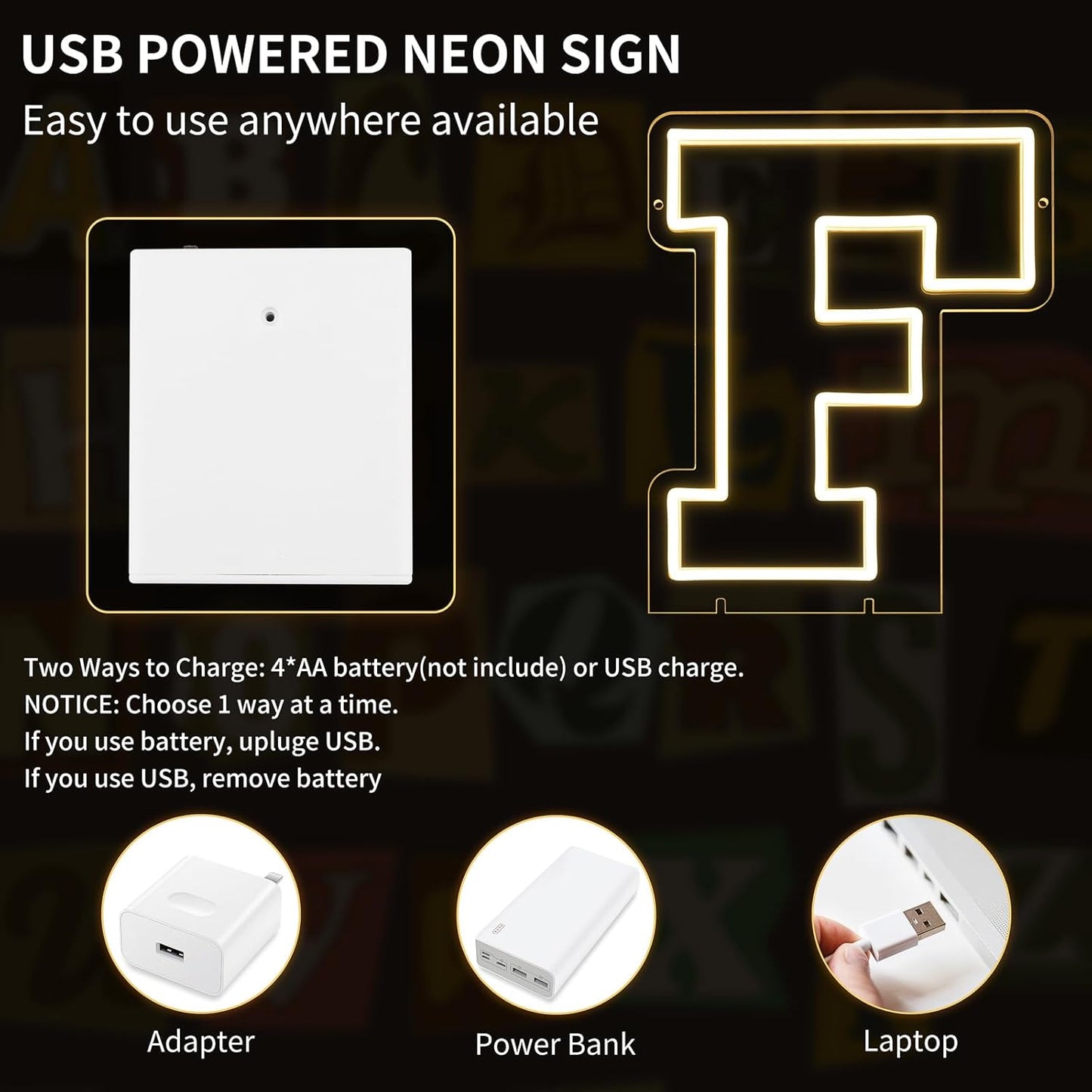 Light Up Letters F, Led Marquee Letter Lights Neon Sign, 13.9" Height Decorative Lighted Alphabet Number, Battery/USB Powered Led Letters Lights for Wedding, Birthday, Party, Christmas or Home Decor