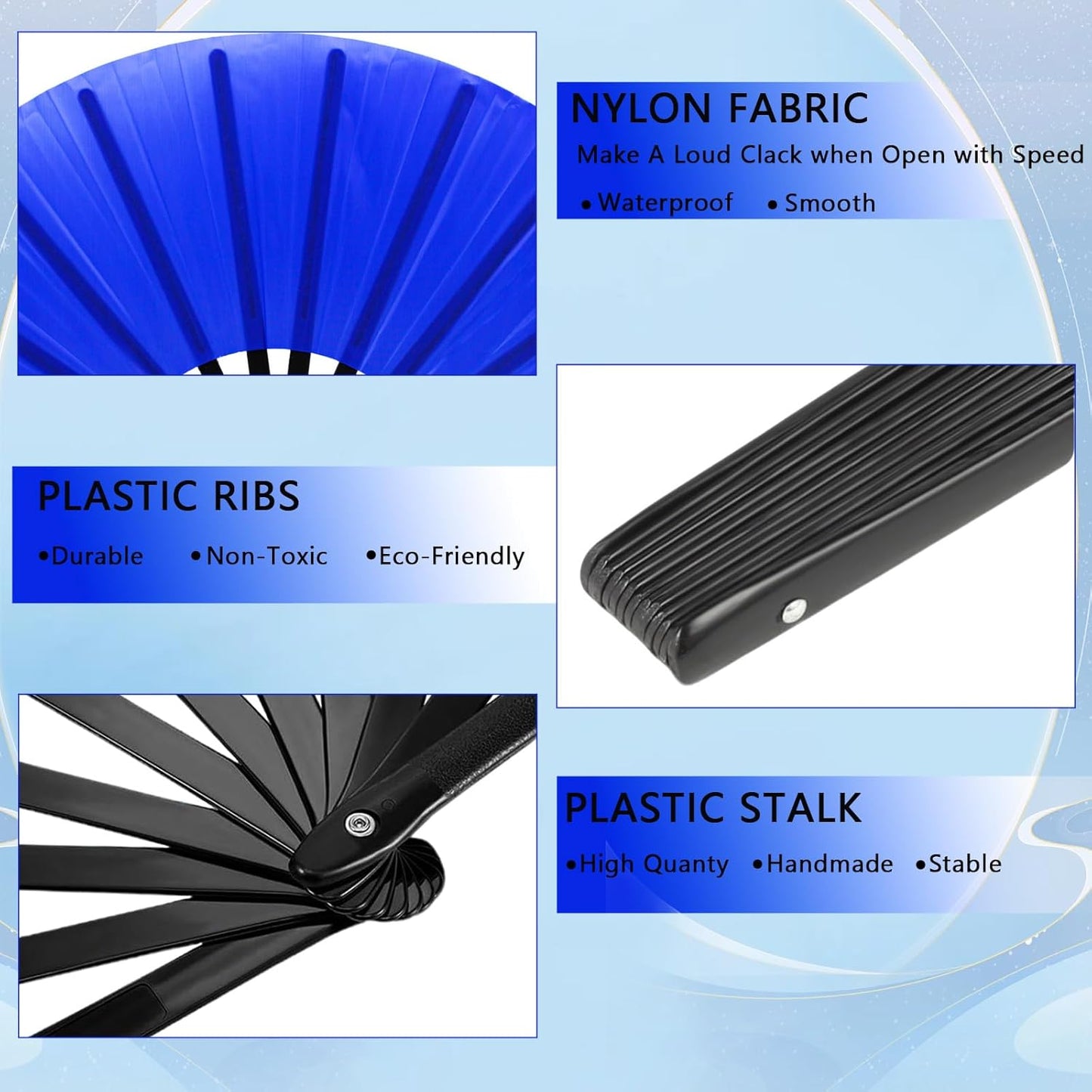 13inch Large Rave Fan Popping Clacking Fans for Line Dancing,Hand Fans for Women Foldable,Boots on The Ground Fan,Portable for Outdoor,Wedding,Party,Decoration (6pcs Blue)