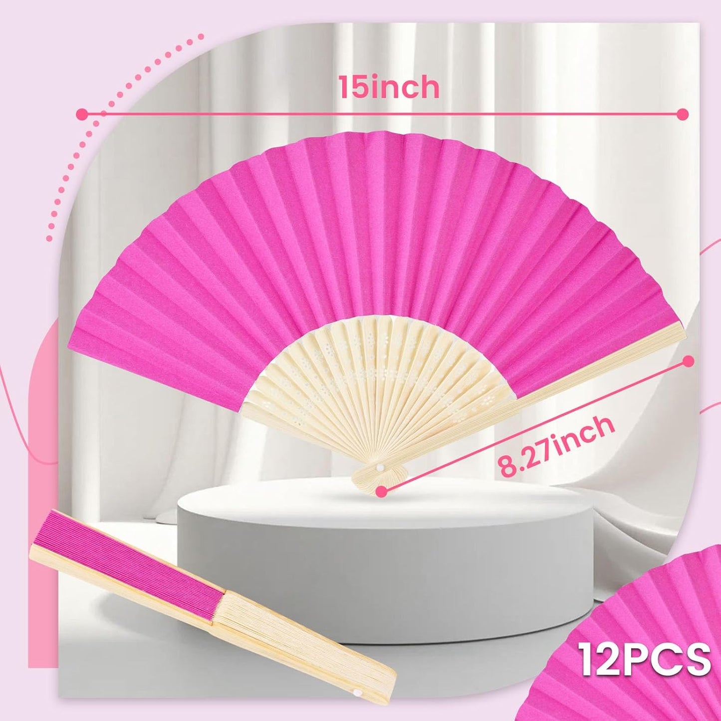 JOHOUSE 12 Pcs Paper Folding Hand Fans, 8.3 Inch Dark Pink Paper Fans Handheld Portable for Wedding, Outdoor Party Favors, Bridal Shower DIY Crafts Photography Prop Pink Party Decorations