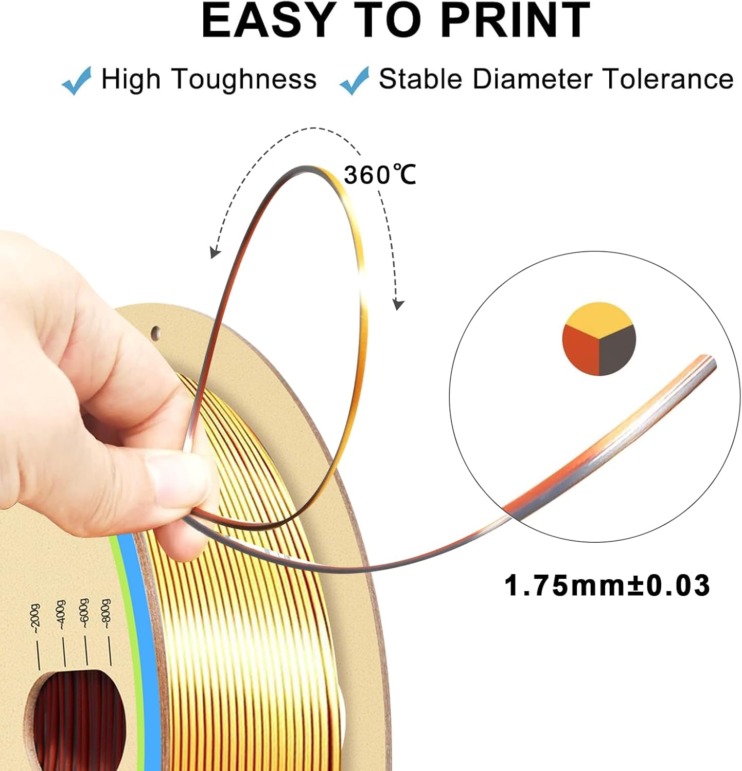 YOUSU 3D Printer Filament Triple Color Silk PLA Filament 1.75mm,Silk PLA Gold Copper Black 3D Printing Filament Bundle, 1kg / 2.2lbs