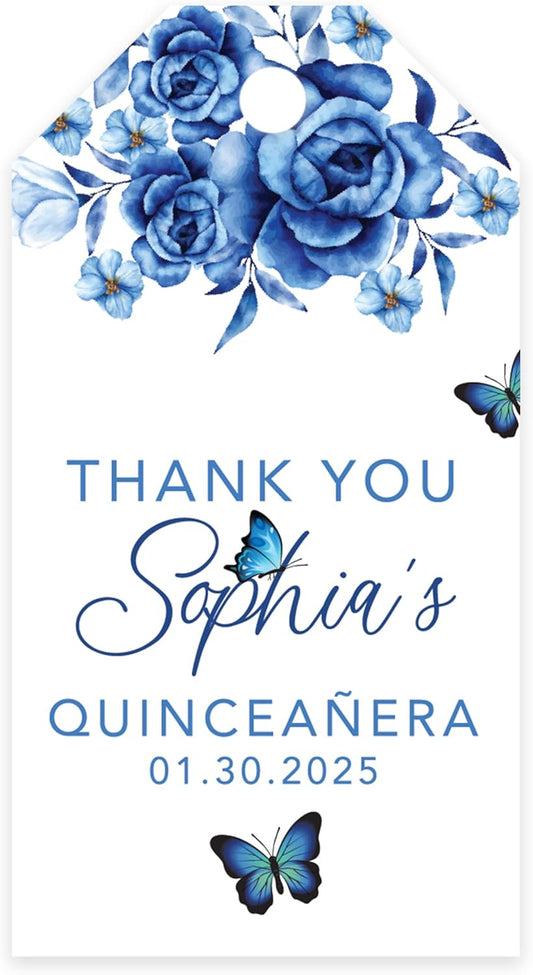 Andaz Press 40-Pack Personalized Quinceañera Favor Tags with String, Blue Butterflies Custom Classic Thank You Gift Tags for Quince Años XV 15th Birthday Favor Gifts, Quinceanera Decorations
