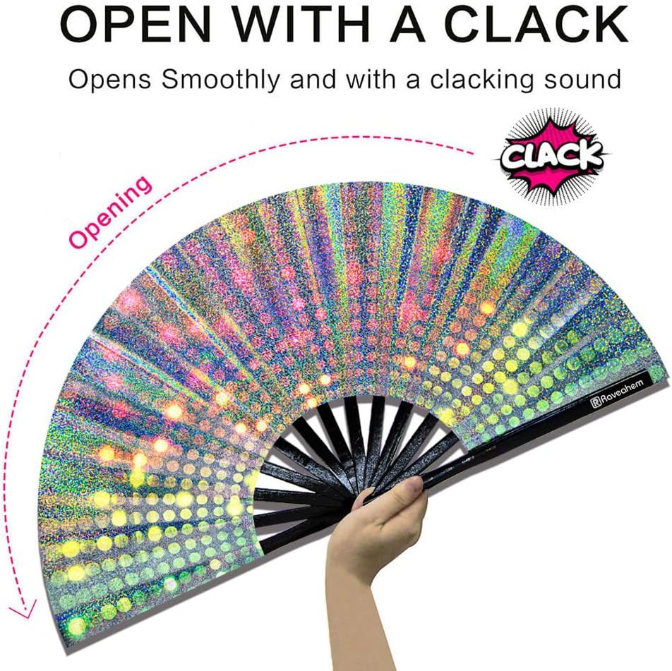 Large Rave Fan, Clack Folding Hand Fan with Premium Fabric, Thick Bamboo Frame for Men Women Gift for EDM, Festival, Club, Party, Dance, Decoration (Lridescent Light, 13")