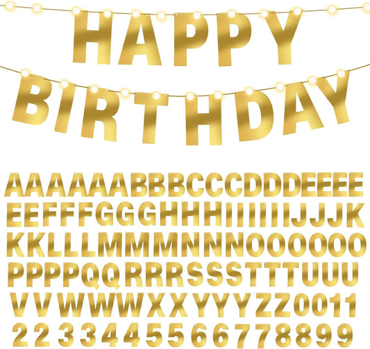 TaoBary 112 Pcs DIY Letter Kit Glitter Customizable Banner Letters Include 107 Letters and Numbers 3 Rope and 2 Needles for Birthday Halloween Christmas Wedding Valentine Party Decor(Bright Gold)