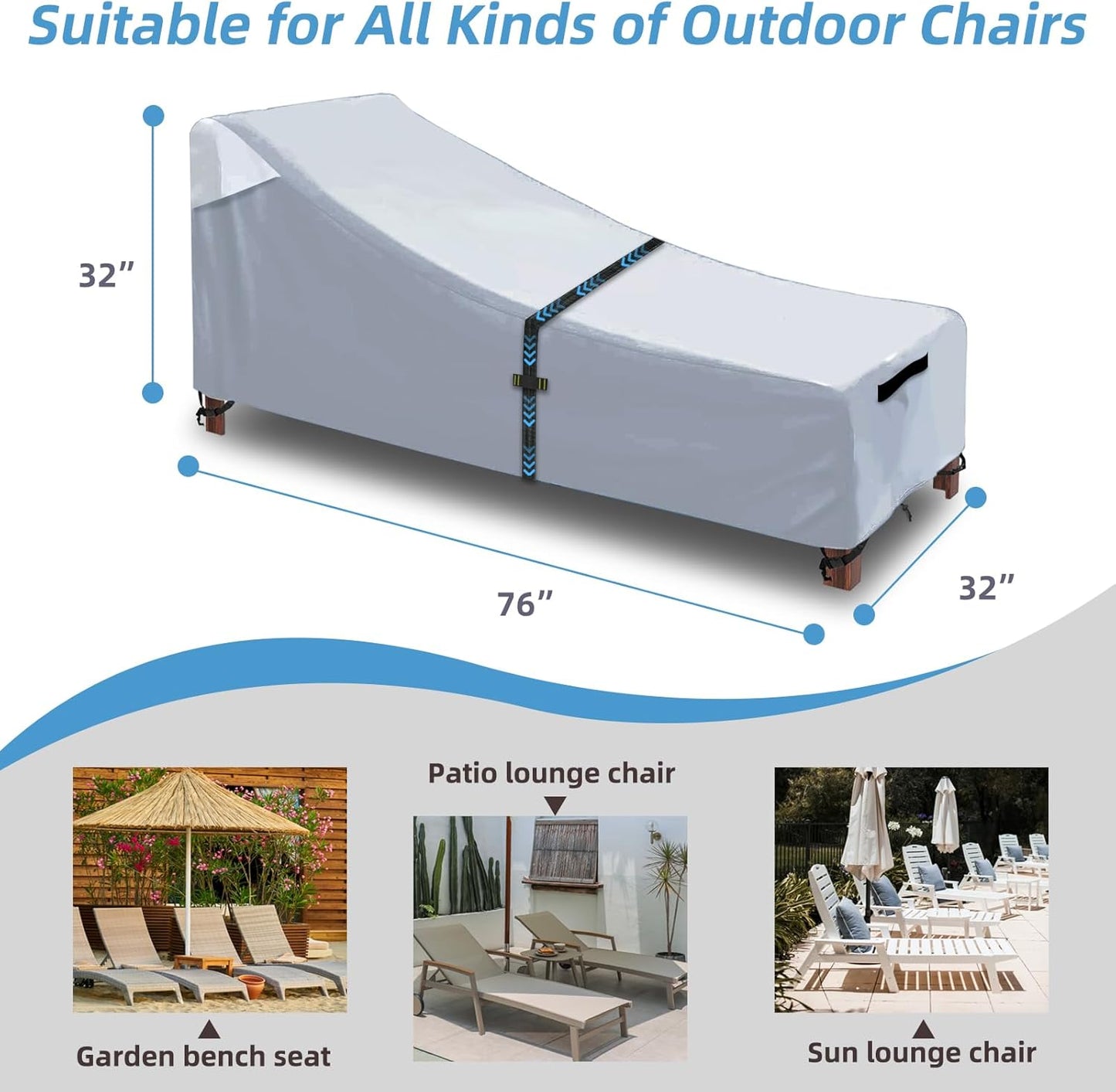 Patio Chaise Lounge Cover with Handles, Outdoor Lounge Chair Cover Waterproof UV Resistant, Patio Furniture Covers with Air Vent (76L x 32W x 32H) inch