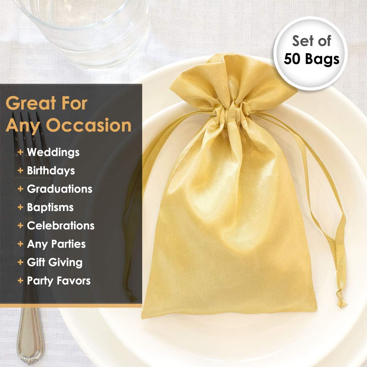 4" x 6" Gold Satin Gift Bags, Jewelry Bags, Wedding Favor Drawstring Baby Shower Christmas 50 per Pack