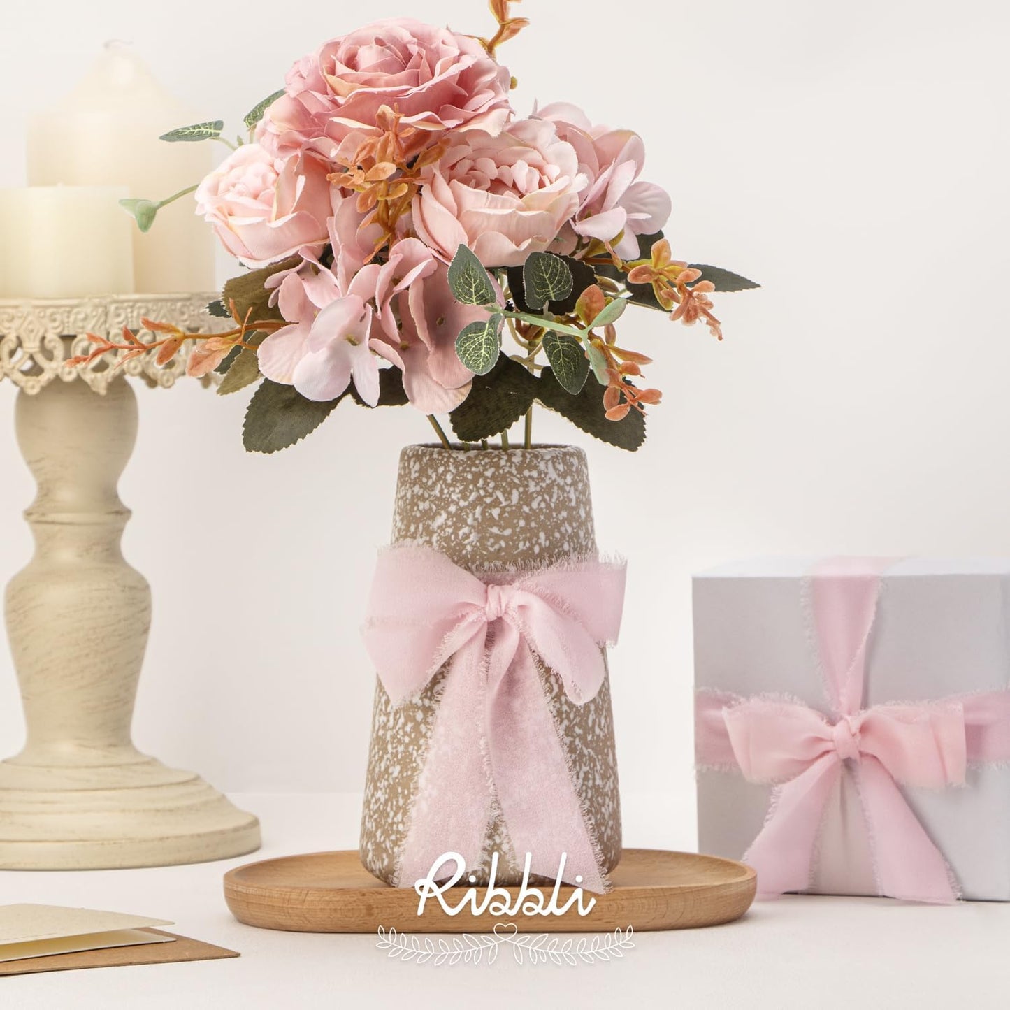 Ribbli Pale Blush Ribbon 1 Inch x 3 Rolls Total 24 Yards Light Pink Handmade Fringe Chiffon Silk Ribbon for Wrapping Wedding Invitations Bridal Bouquets DIY Crafts Home Decor