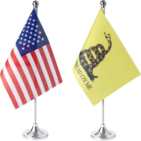 ZXvZYT 2 Pack American US Don't Tread On Me flag USA Snake table flag,Small Mini United States Tea Party Snake Desk Flags With Stand Base,for Patriots Parades Party Events Celebration Decorations