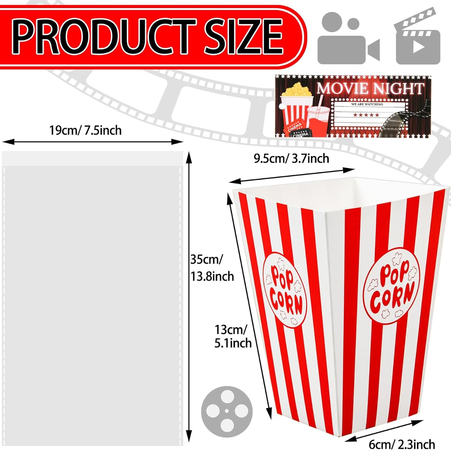 24set Movie Night Party Favors include Paper Popcorn Box Cellophane Bags and Ticket for Movie Theme Birthday Wedding Party Supplies