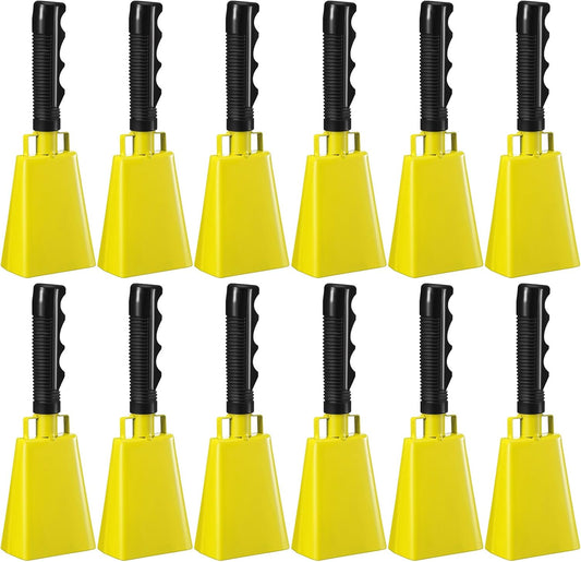 Pelopy 12 Pcs Large Cow Bell 9 '' Cowbell with Handle Cowbells for Sporting Events Hand Percussion Cheering Bell Chimes for Football Game, Alarm Loud Noise Makers, Musical Instrument(Yellow)