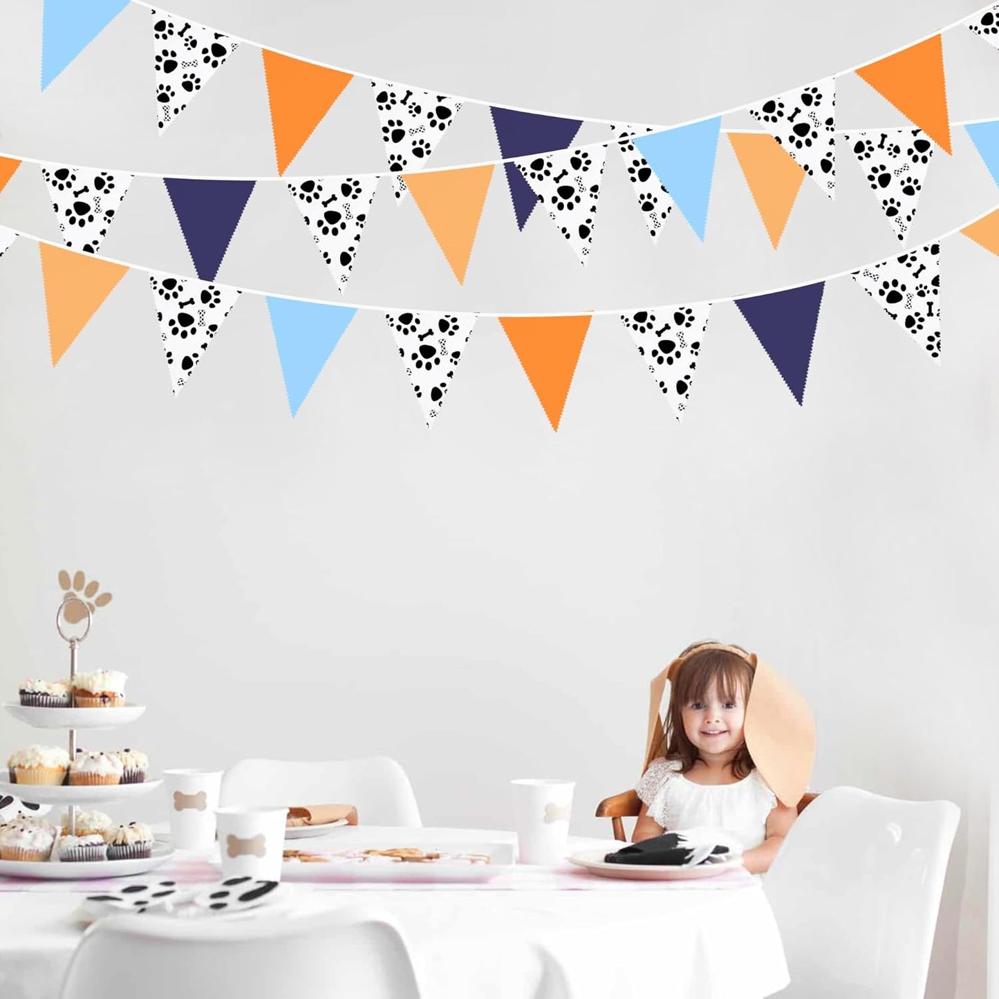 32Ft Orange Blue Dog Paw Party Decorations Puppy Paw Print Fabric Banner Triangle Pennant Flag Garland Streamers for Kids Boys Blue Dog Birthday Baby Shower Party Outdoor Garden Decor Supplies