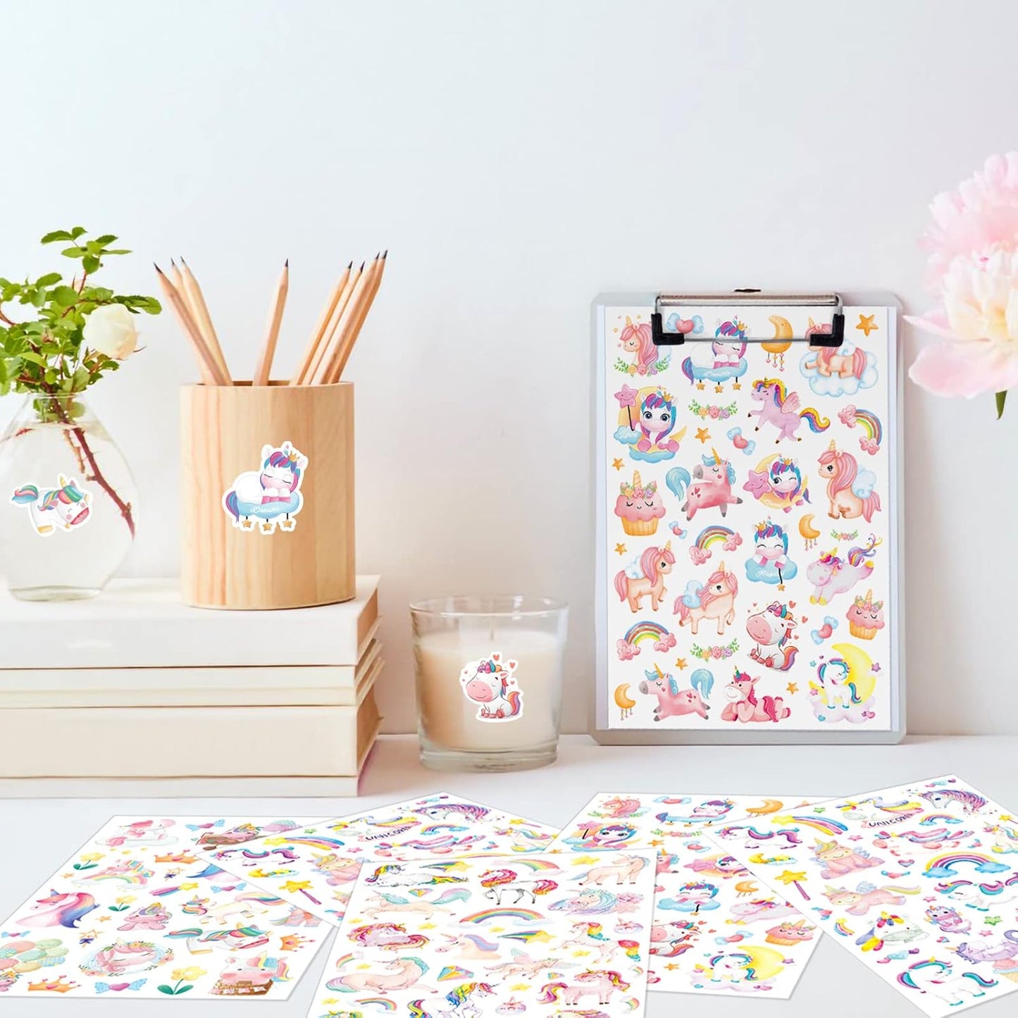 Cute Pink Unicorn Adhesive Stickers Rainbow Magical Star Unicorn Stickers 715 Count for Girls Toddlers Birthday Invitations Envelopes Decorations Party Goodie Gifts Bags Decor School Class Rewards