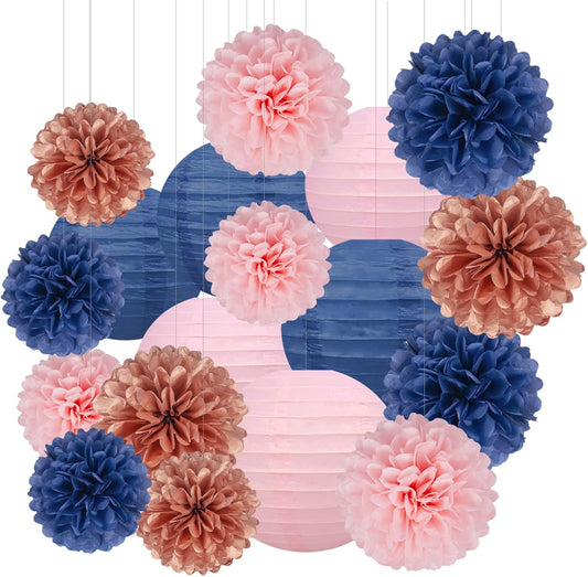 Rose-Gold Navy-Blue Pink Party Decorations - 18pcs Gender Reveal Decor,Tissue Pom Poms Event Supplies,Paper Flowers,Paper Lanterns,Baby Shower decoration,Birthday,Engagement,Bachelorette,Wedding
