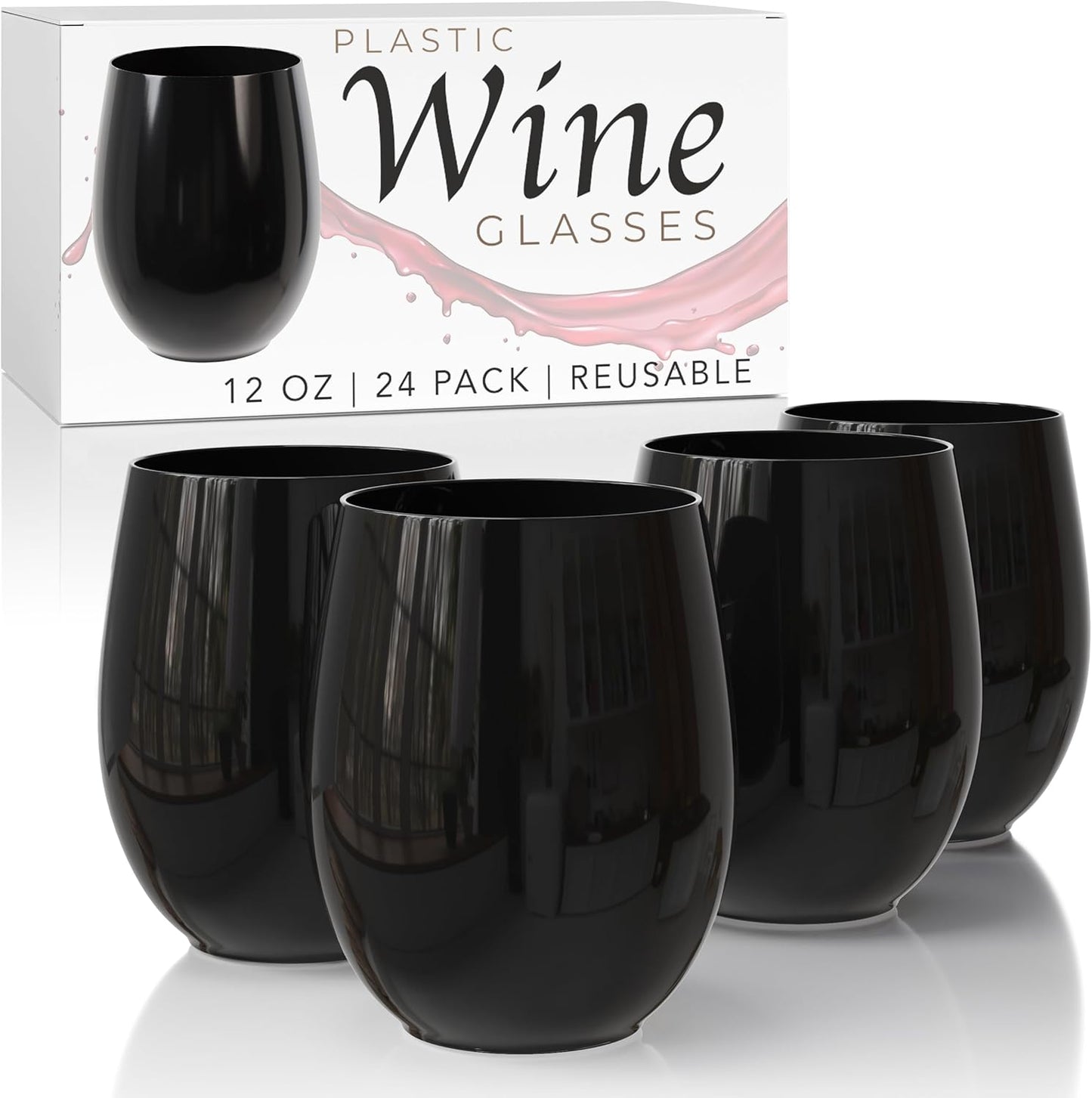 Exquisite 24 Pcs Unbreakable Stemless Plastic Wine Glasses Disposable Wine Glasses Stemless 12 Oz Black Plastic Cocktail Cups Black Party Cups Disposable Cocktail Glass Weddings & Events