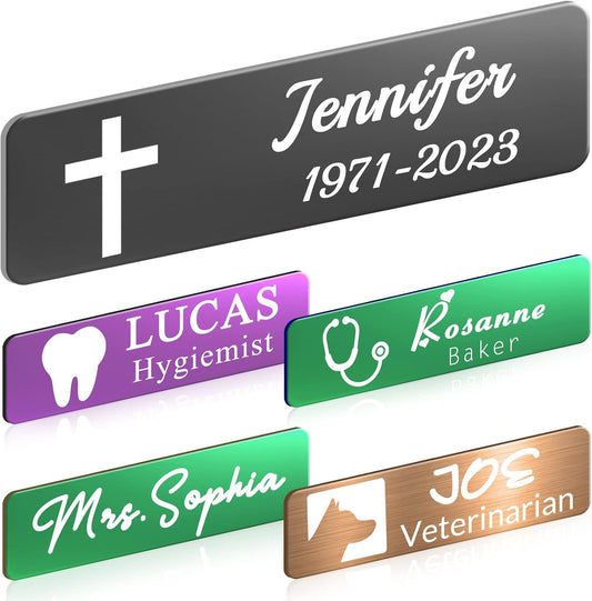 Custom Engrave Name Tag Badges Personalized Magnetic Name Badges with Logo Customize Metal ID Work Tags with Pin Backing Name Tag for Nurses Uniforms Employees Staff