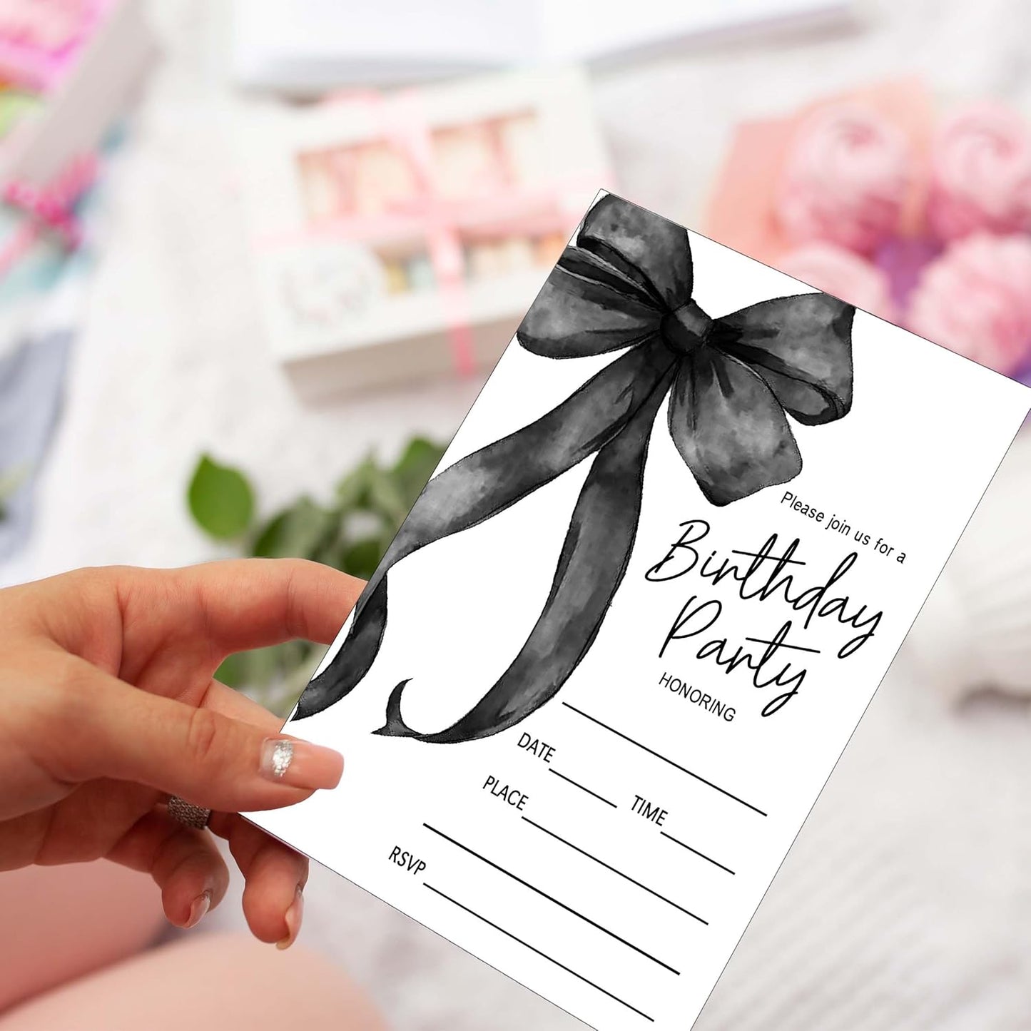 SIXEIGHT Black Bow Birthday Invitations, Black Ribbon Bow Birthday Party Invitations, 20 Party Invitations with Envelopes for Girls Boys, Birthday Party Favor & Decoration (4"x6")-A02