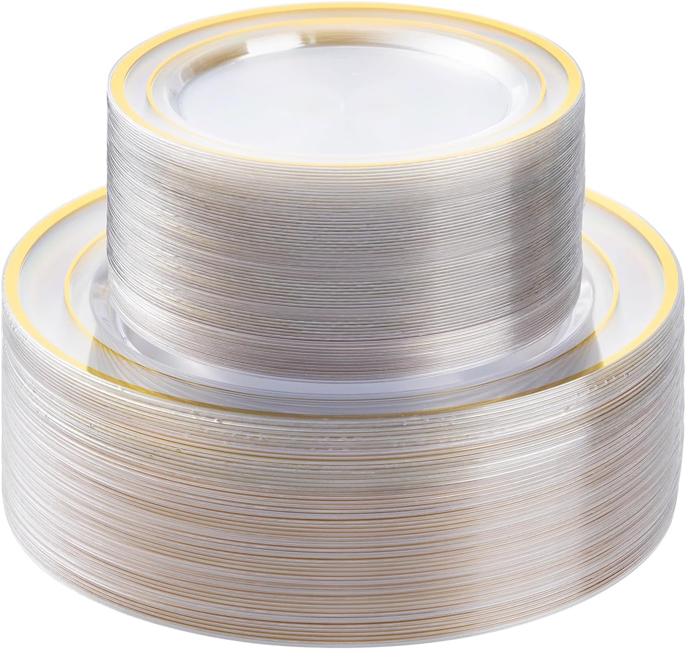 100PCS Clear Gold Plastic Plates Set, 50 10.25 inch Dinner Plates and 50 7.5 inch Dessert Plates, Disposable Plates for Party, Wedding