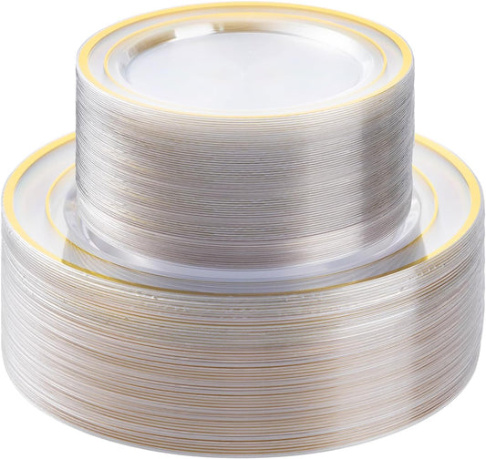 100PCS Clear Gold Plastic Plates Set, 50 10.25 inch Dinner Plates and 50 7.5 inch Dessert Plates, Disposable Plates for Party, Wedding