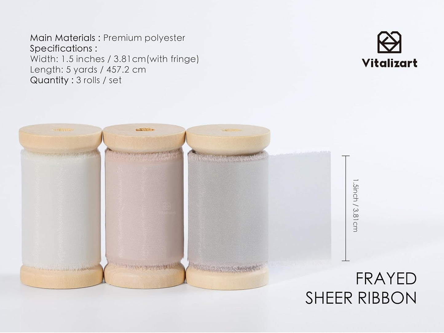 Vitalizart Organza Ribbon Frayed Sheer Organza White Pink Grey Set 1.5" Silk Like Ribbons for Valentines Day Gift Wrapping Craft Flower Bouquet Wedding Invitations Mesh Fabric 15 Yards