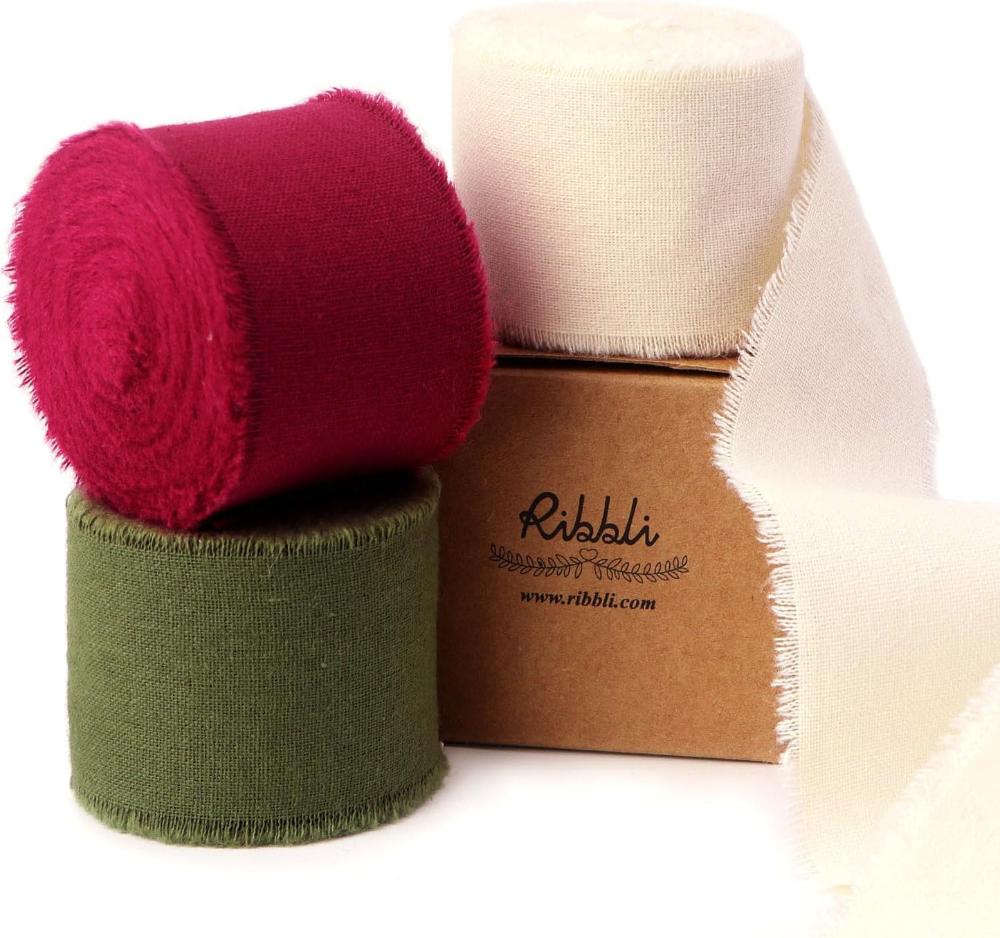 Ribbli 3 Rolls Christmas Ribbon 1.5 Inch x 18 Yards Ivory Burgundy Moss Handmade Cotton Frayed Fringe Ribbons for Gift Wrapping Wedding Invites Bridal Bouquets DIY Crafts Christmas Home Decor