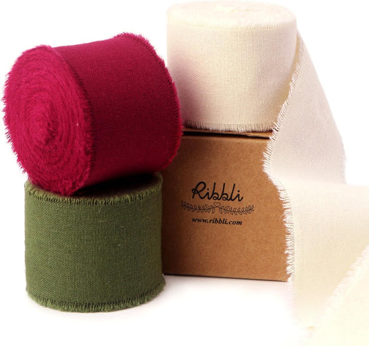 Ribbli 3 Rolls Christmas Ribbon 1.5 Inch x 18 Yards Ivory Burgundy Moss Handmade Cotton Frayed Fringe Ribbons for Gift Wrapping Wedding Invites Bridal Bouquets DIY Crafts Christmas Home Decor