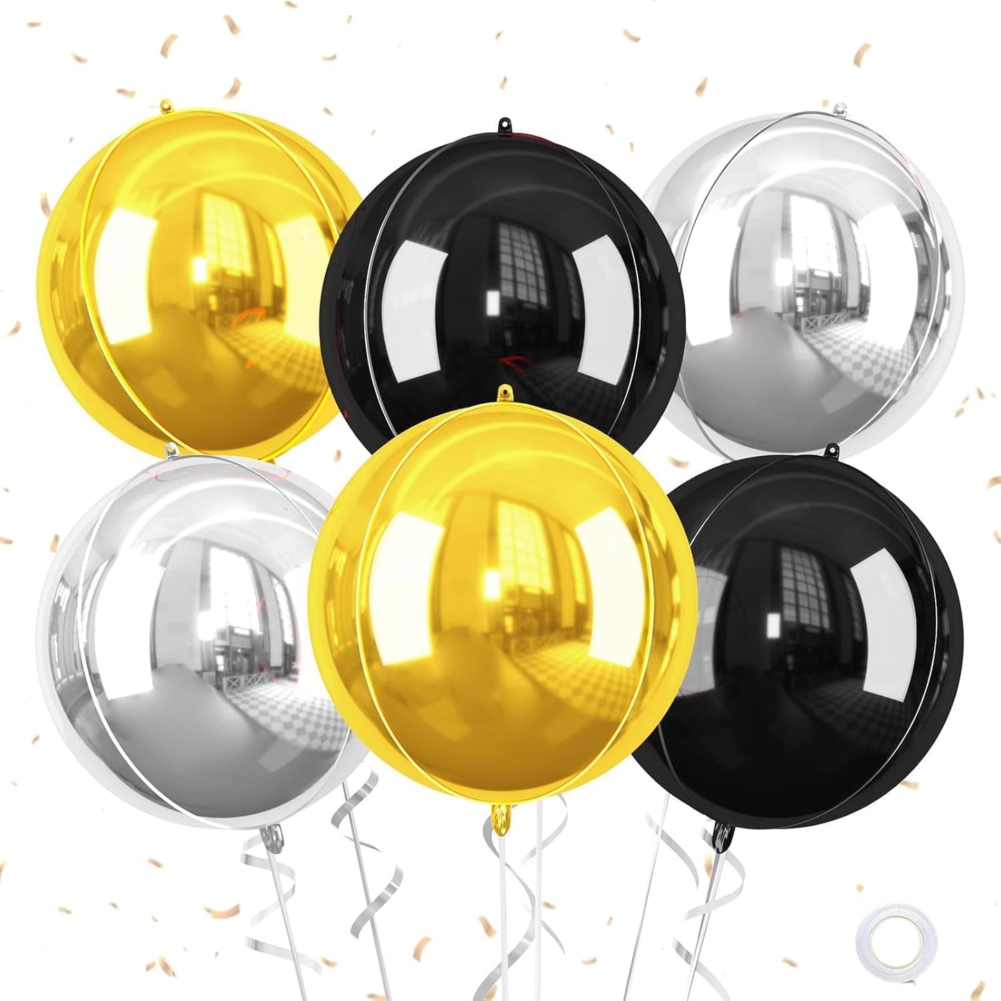 Giant 4D Foil Balloons, 6Pcs Large Metallic Black Gold Silver Round Balloons, 22 Inch Big Round Foil Balloon for Graduation Decorations Class Of 2025, Birthday Party Baby Shower Decoration