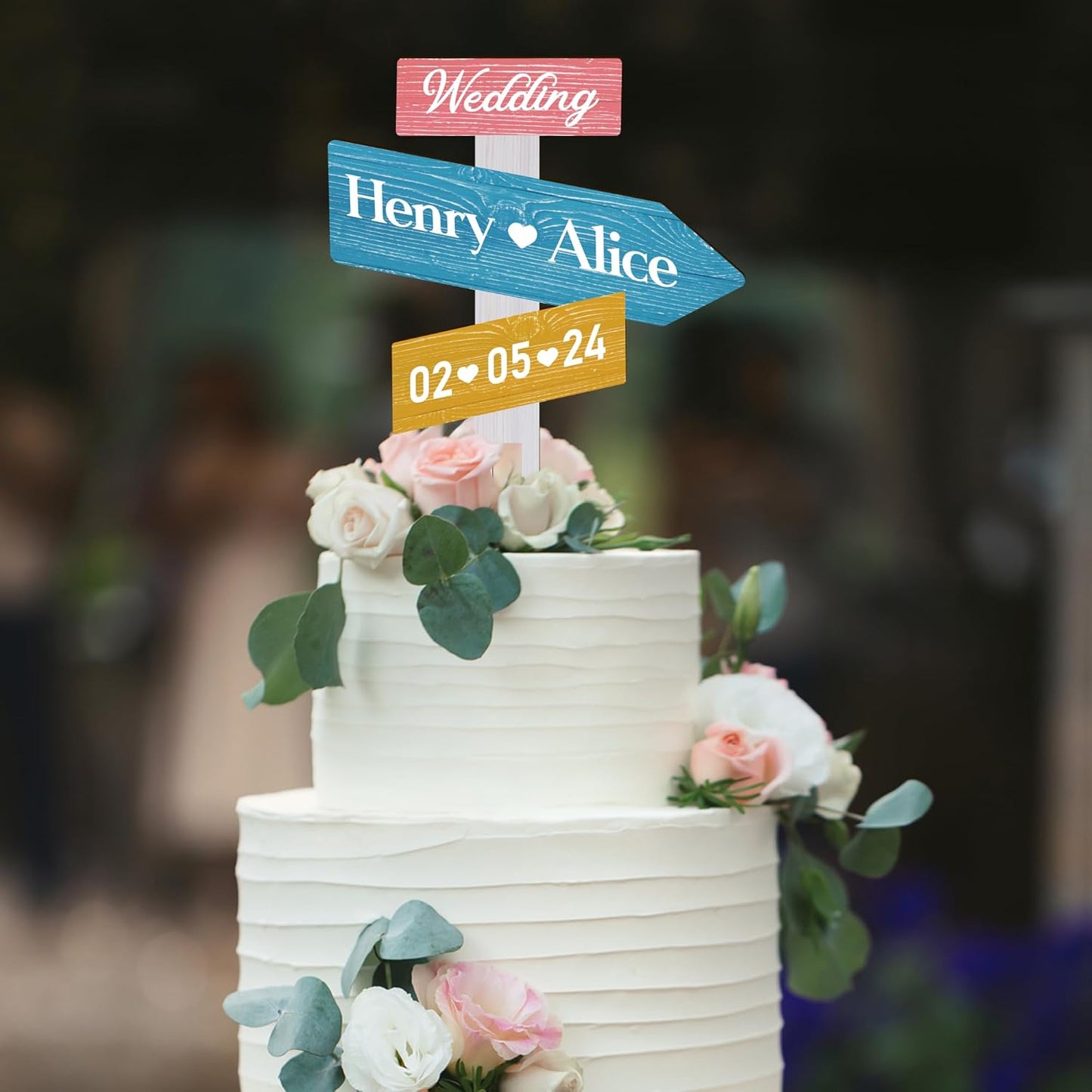 Personalized Rustic Wedding Cake Topper in Wood Custom Bride & Groom Names Initials Wedding Date Cake Decoration (Candy)