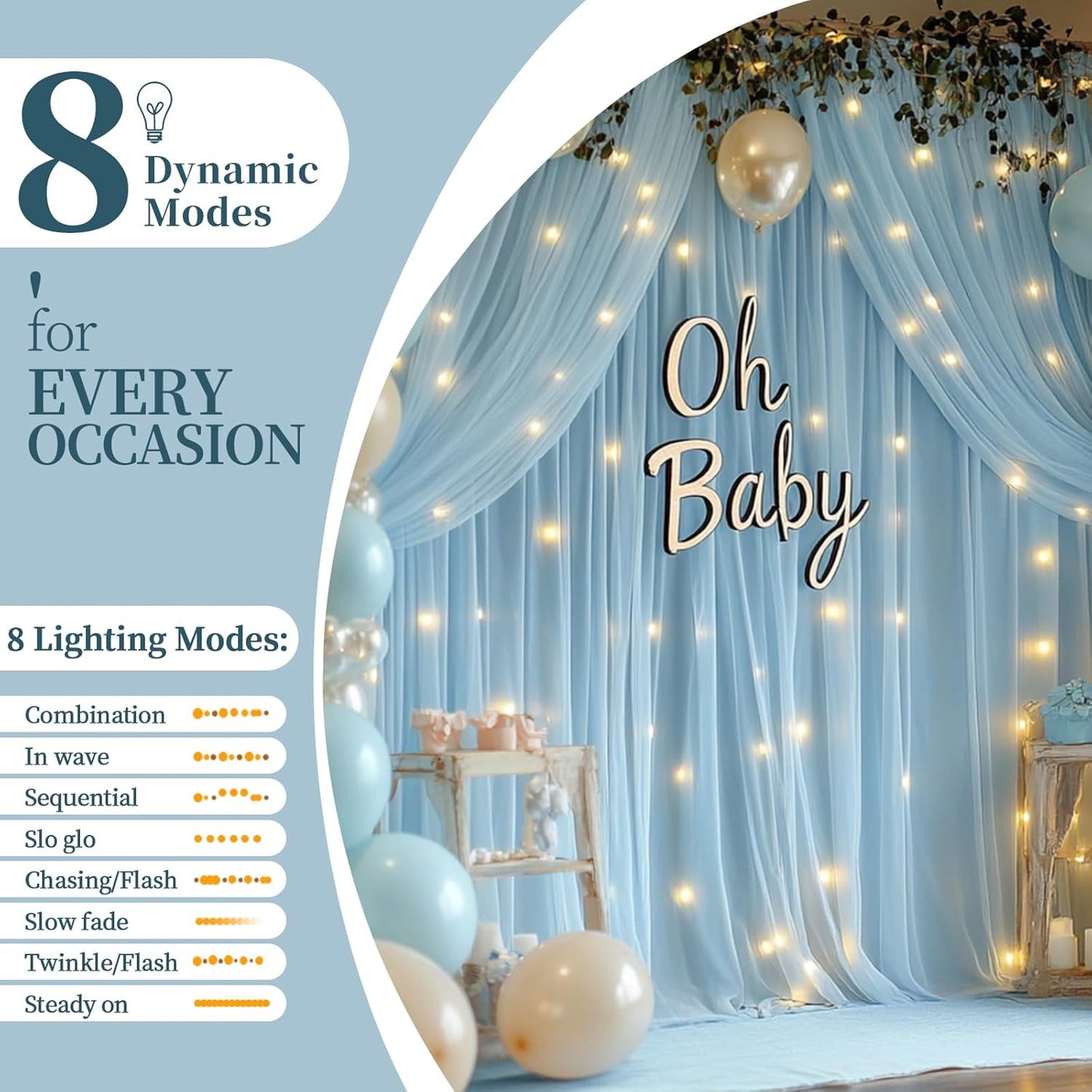 10x10ft Baby Blue Tulle Backdrop Curtain with String Lights, Wrinkle-Free Sheer Baby Shower Backdrop for Birthday Party, Bridal Shower, Photo Shoots, Wedding and Home Decorations, Baby Blue