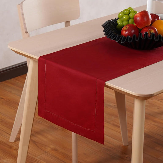Cotton Linen Table Runner 120 Inches Long – Farmhouse Red Table Runner for Thanksgiving, Christmas, Winter, New Year – Washable Hemstitch Fabric Ideal for Gifting – Serena
