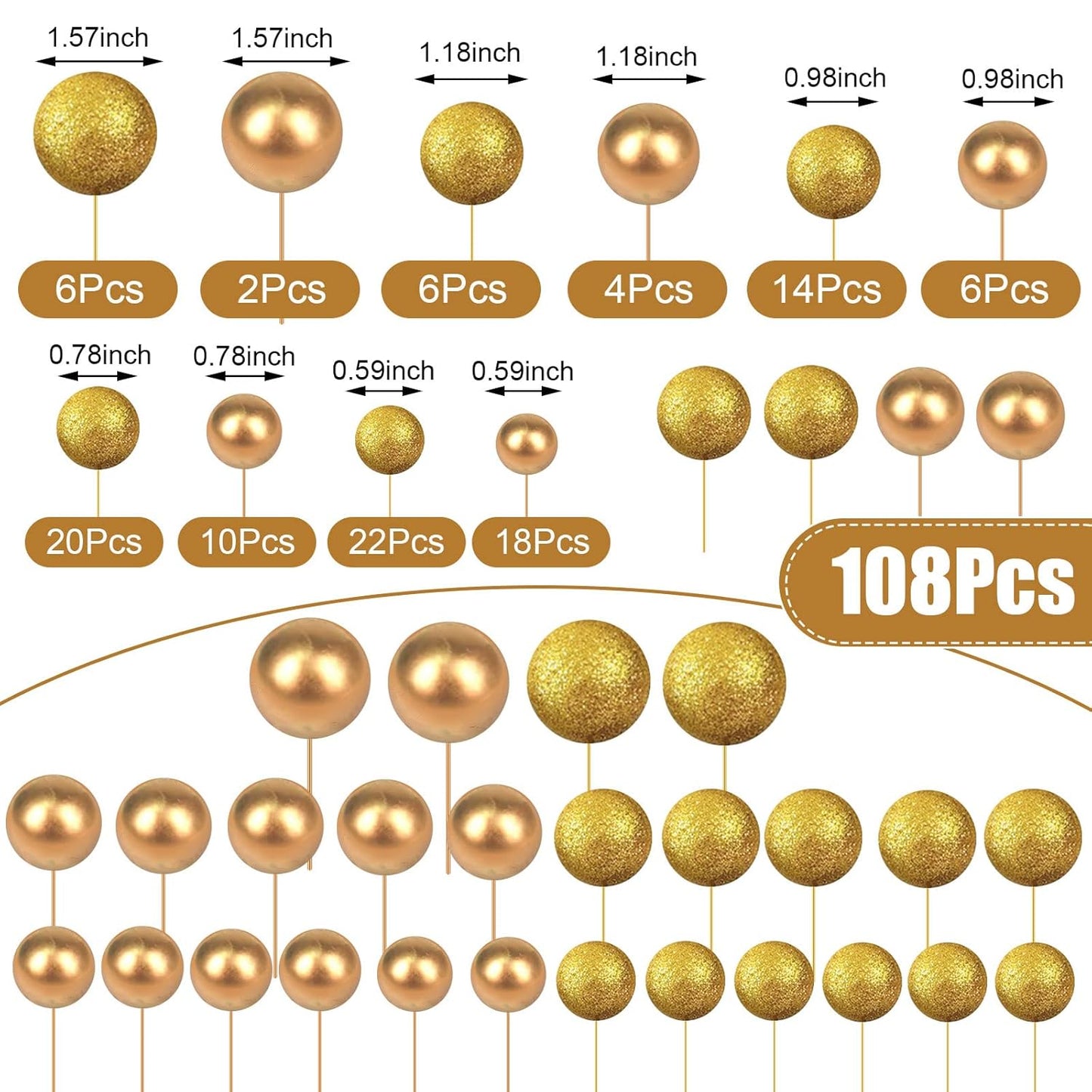 108 Pcs Balls Cake Topper DIY Cupcake Insert Foam Balloons for Cake Baking Wedding Anniversary Birthday Decoration(Glitter Gold, Gold,Multi Sizes)