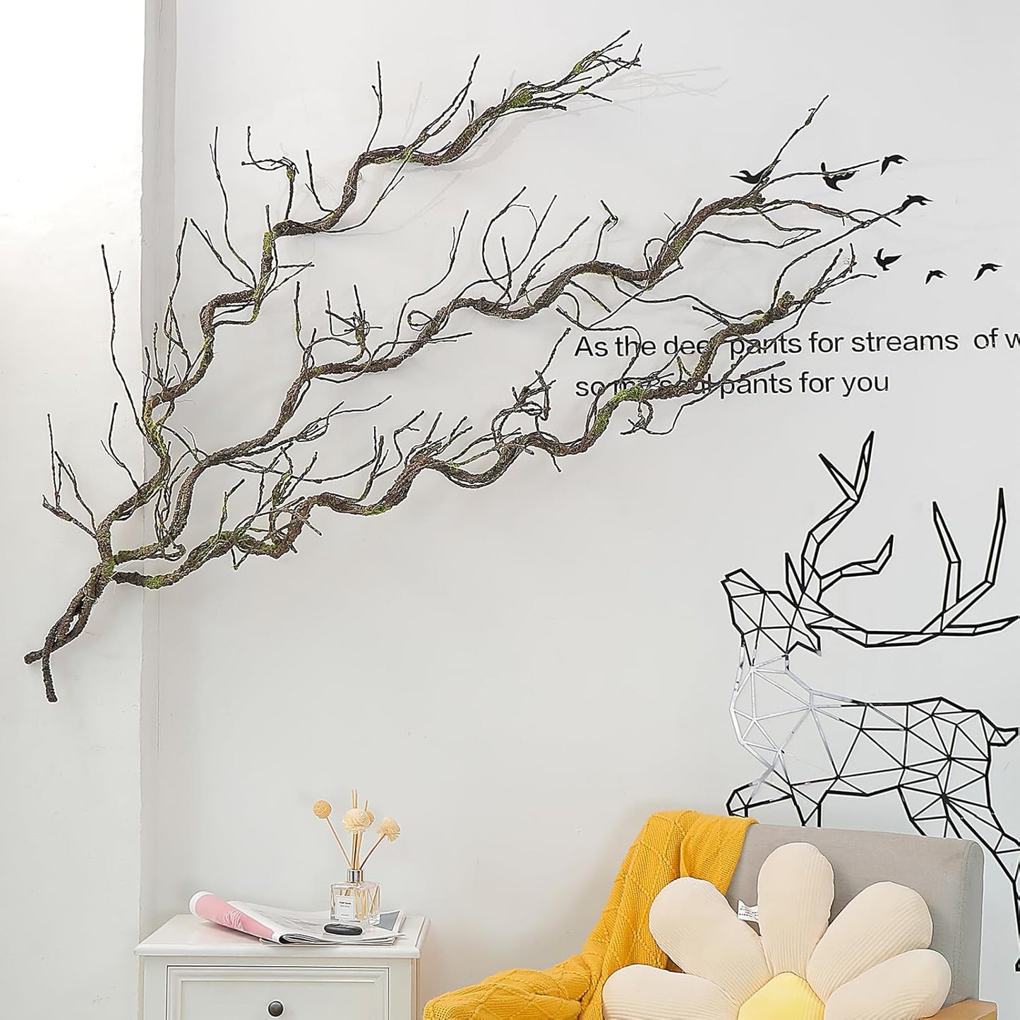 180cm/70.86in Bendable Artificial Tree Branches Liana Vines Garland Rattan with Moss Fake Plants Twigs for Wall Hanging Home Room Outdoor Wedding Background Decoration