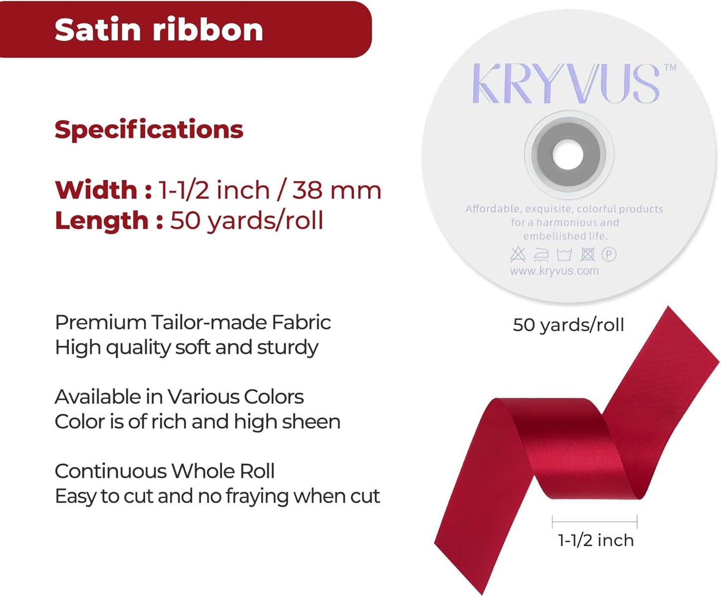 Scarlet Red Satin Ribbon 1-1/2 inch X Continuous 50 Yards, Single Face Polyester Ribbon Perfect for Gift Wrapping, Flower Bouquet, Wedding Decor, Crafts, Bow Making, Sewing and More