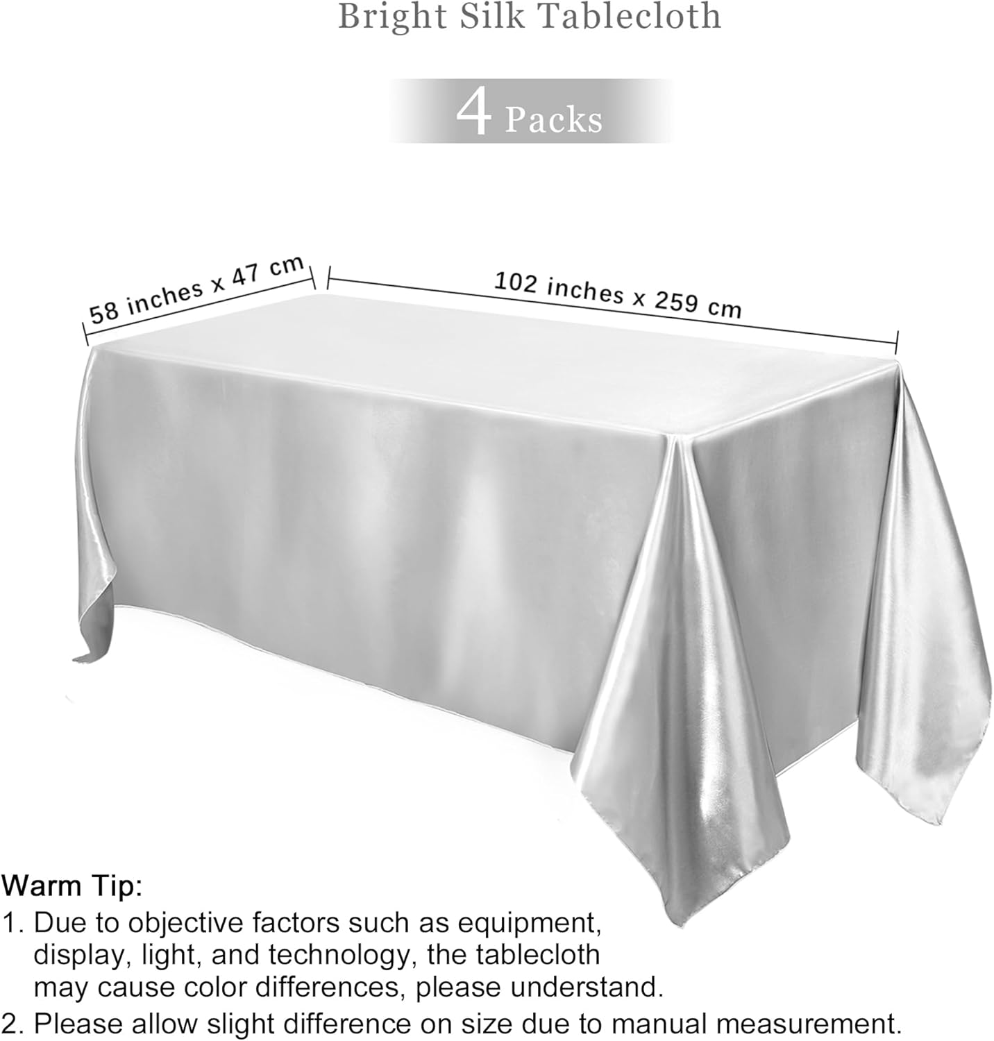 TURSTIN 4 Packs Silver Satin Tablecloth 102 x 58 Inch Overlay Satin Table Cover Rectangle Bright Silk Tablecloth Smooth Fabric Table Decoration for Wedding Banquet Party Events