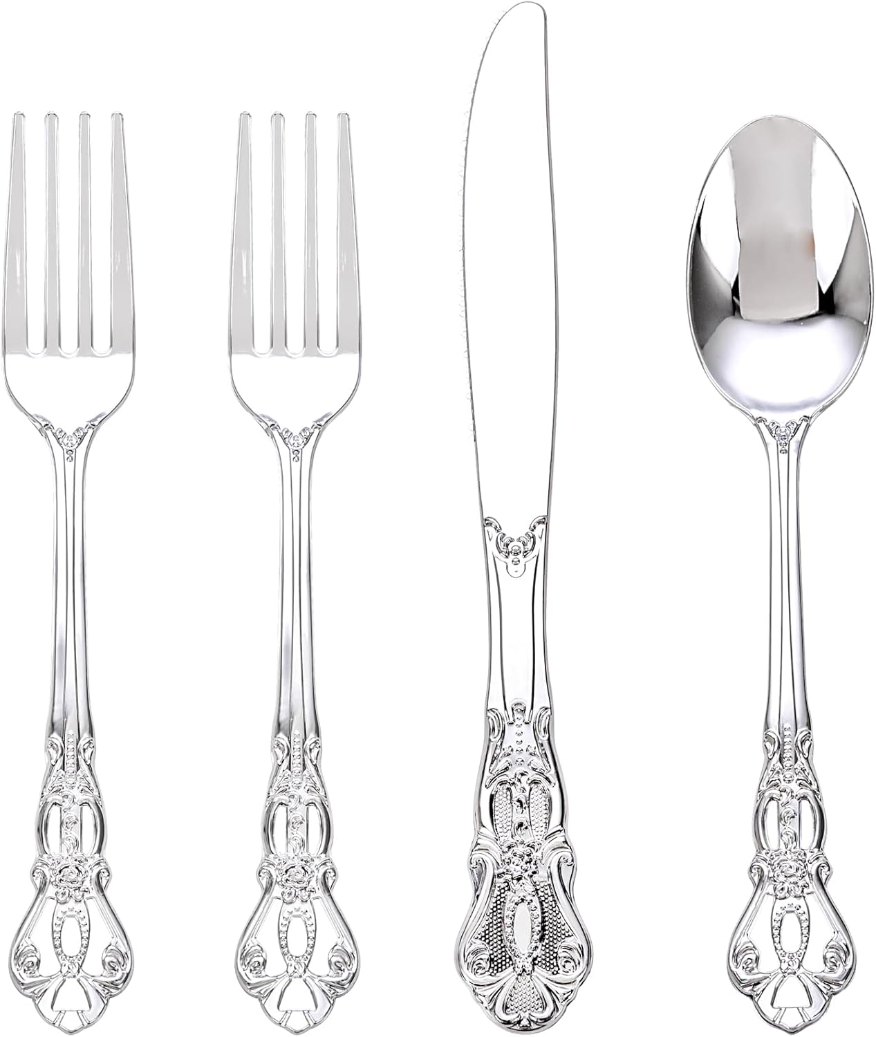 40PSC Silver Plastic Cutlery - Vintage Silver Disposable Silverware - Heavyweight Plastic Utensils with 20 Forks, 10Knives, 10 Spoons For Catering, Parties, Dinners and Weddings