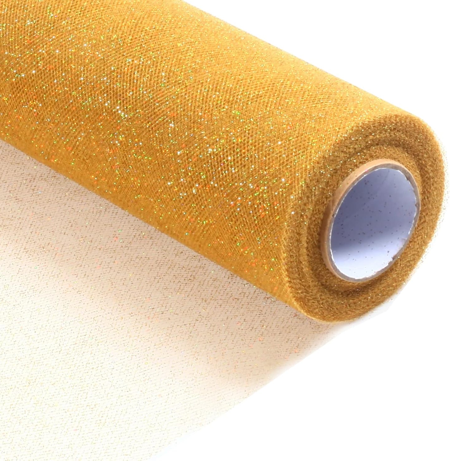 Sparkling Tulle Rolls, 15” by 30 Yards (90FT) Glitter Tulle Spool Ribbon Fabric for Wedding Birthday Bridal Shower Tutu Skirt Party Gift Wrapping (Gold)