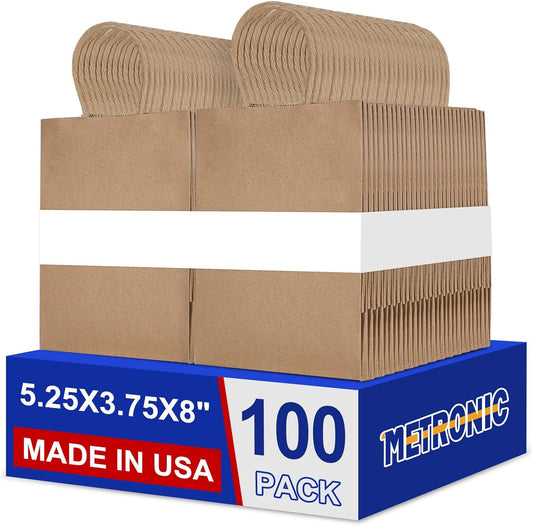 METRONIC Brown Paper Bags with Handles Bulk 5.25x3.75x8'' 100 Pcs Kraft Gift Bags for Small Business, Birthday, Wedding, Party Favors, Christmas, Retail Shopping, Made in USA