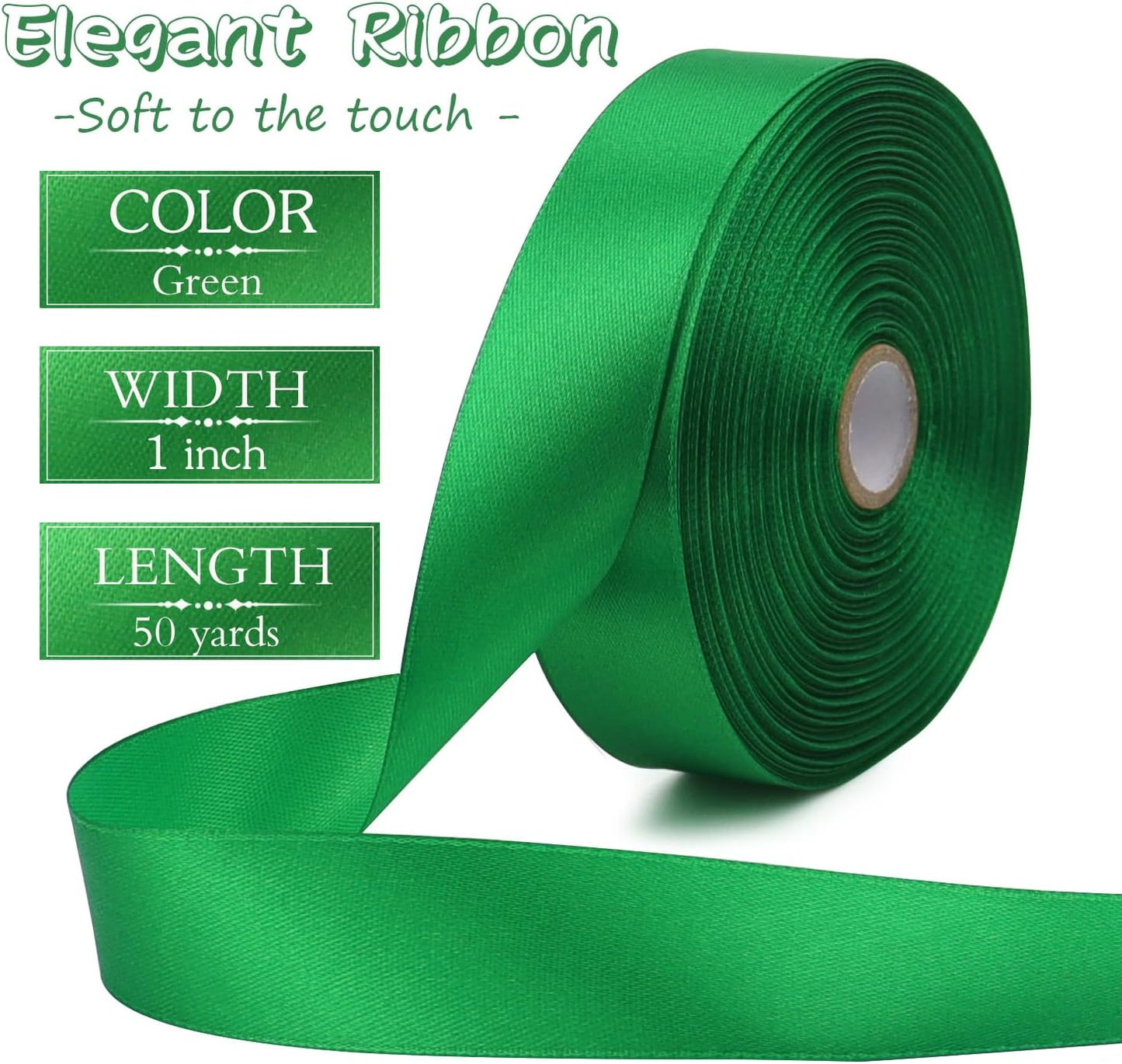 Green Solid Satin Ribbon 1 Inch 50 Yards Solid Polyester Fabric Ribbon for Gift Wrapping Wedding Christmas Baby Shower Birthday Party Decoration Handmade Immortal Flower Craft