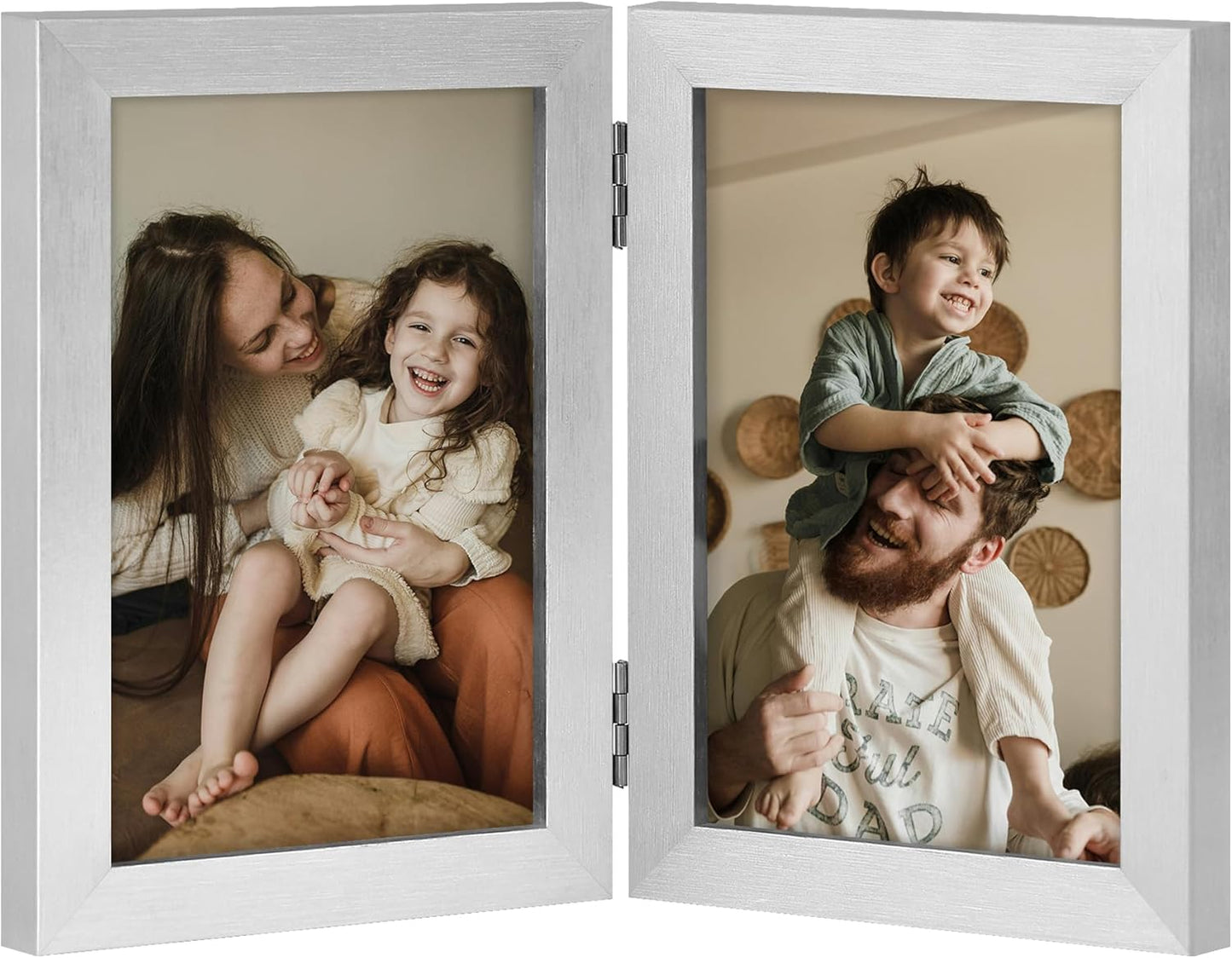 decorUhome Double 4x6 Picture Frame Vertical, Engineered Wood Bifold Photo Frame with Plexiglass for Tabletop Display, 4x6, Silver
