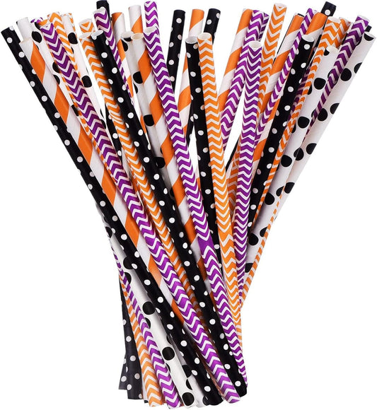 Shappy 125 Pieces Halloween Paper Straws Bulk, Disposable Decorative Drinking Straws with Dots/stripes/waves for Birthday, Wedding, Halloween and Christmas Party Supplies(Orange, Black, White, Purple)