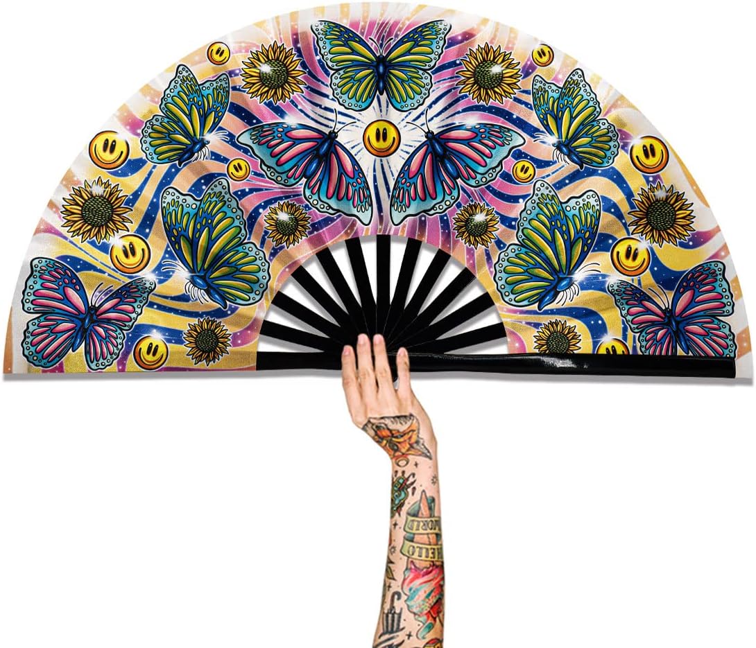 13" Large Rave Fan Bamboo, Folding Clack Hand Fans Foldable for Men Women, Boots on the Ground Poping Fan for EDM Festival Line Dance Decoration, (Butterfly, Large 13")