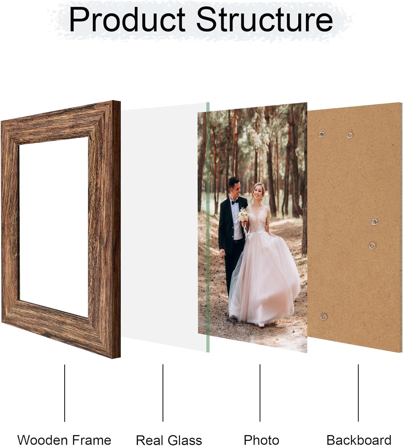 5x7 Picture Frame Set of 4, High Definition Glass Brown Frame, 5 x 7 Wood Rustic Photo Frames for Horizontal or Vertical Table Top and Wall Mounting