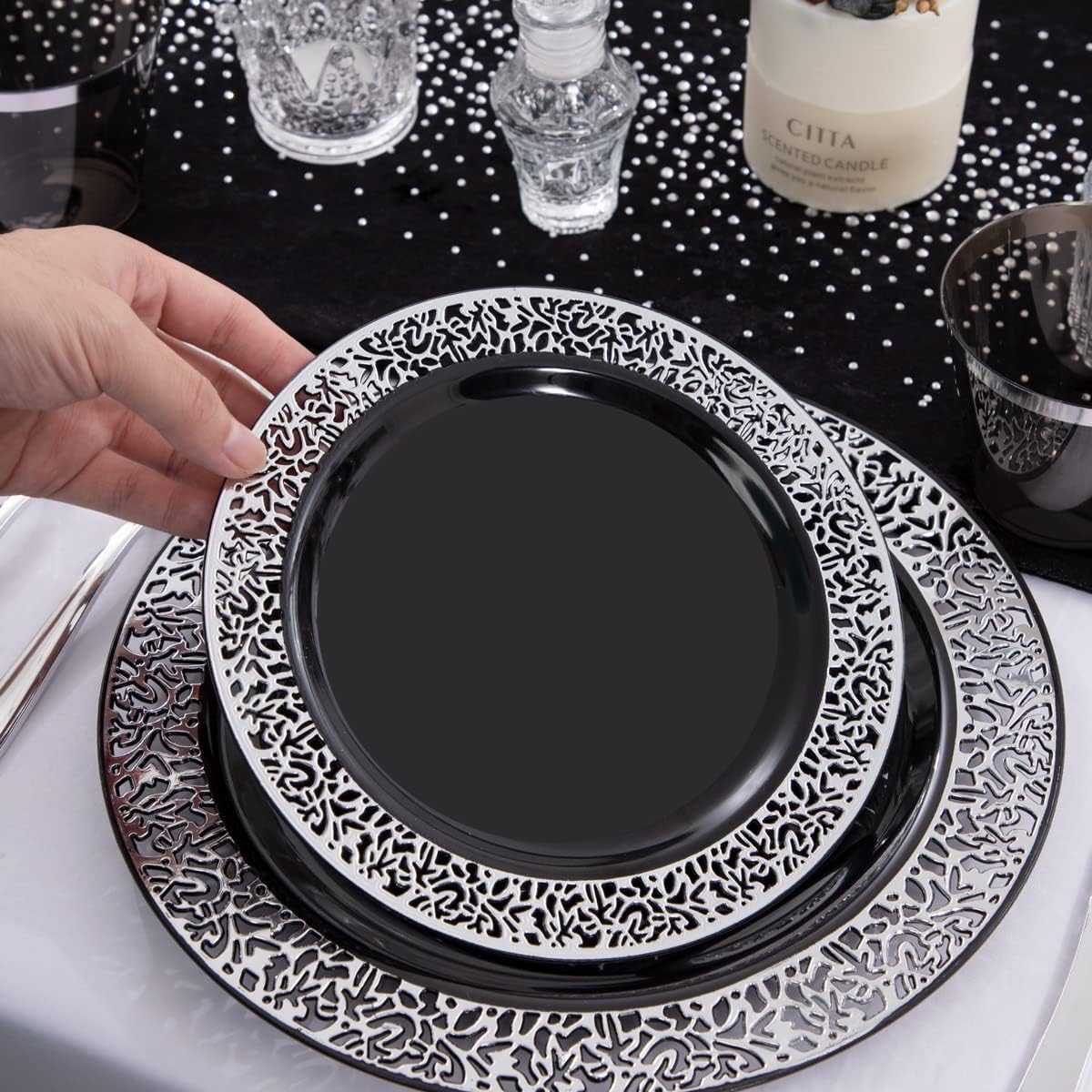 NOCCUR 210PCS Black and Silver Dinnerware Set for 30 Guests - Black Plastic Plates with Silver Rim Include 30 Dinner / 30 Dessert Plates, 30 Prewrapped Silverware, 30 Cups Ideal for Party, Halloween