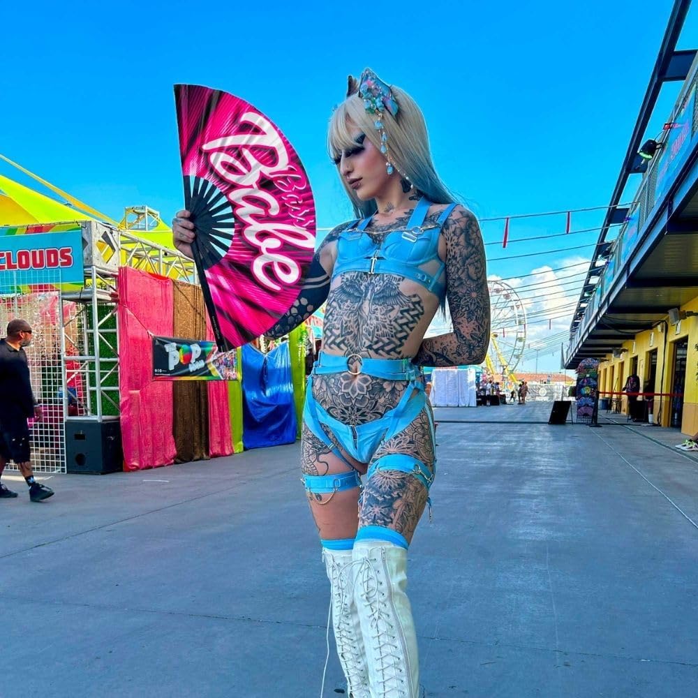 Kandies World UV Reactive Custom Festival Folding Hand Fan - Unique Designs, Made of Bamboo, Clacking Sound, Lightweight - Perfect Rave and Festival Accessory!